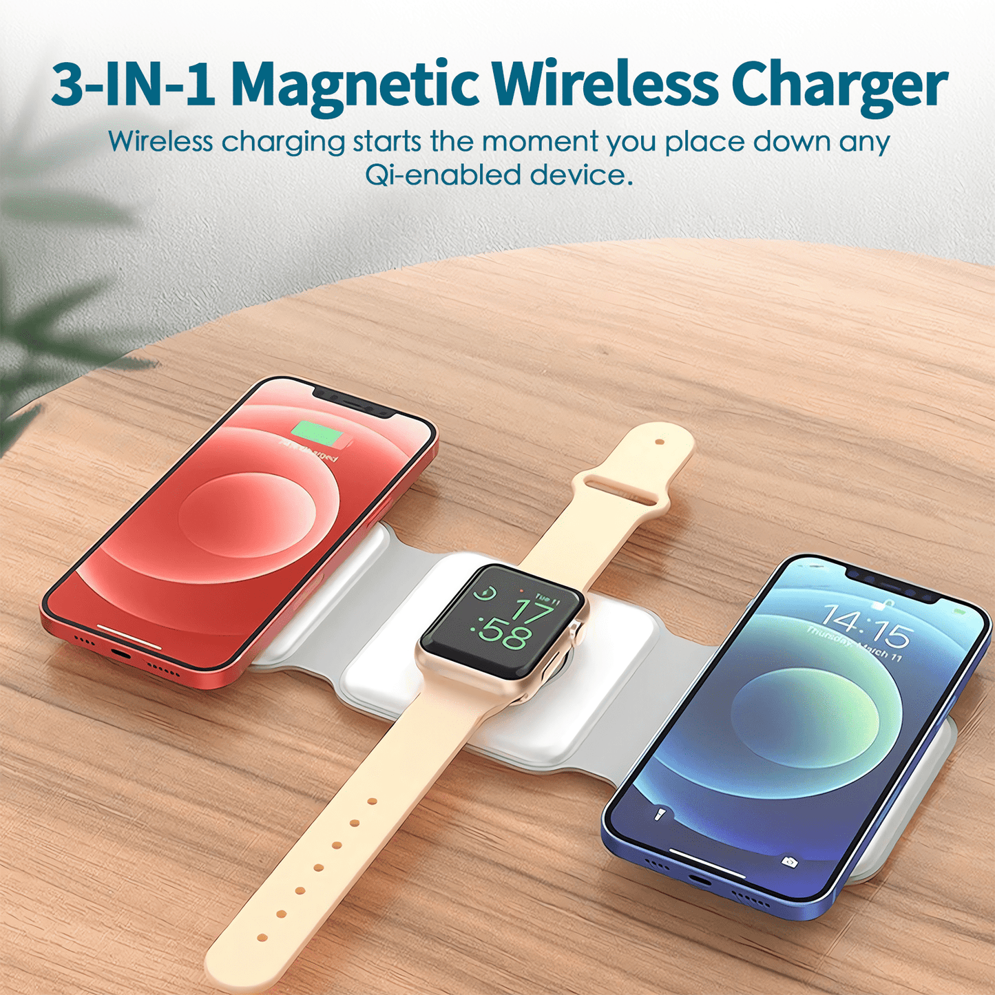 plugd USB charger 3 in 1 Wireless 15W Qi Fast Charging Foldable Station for Apple Mag Safe