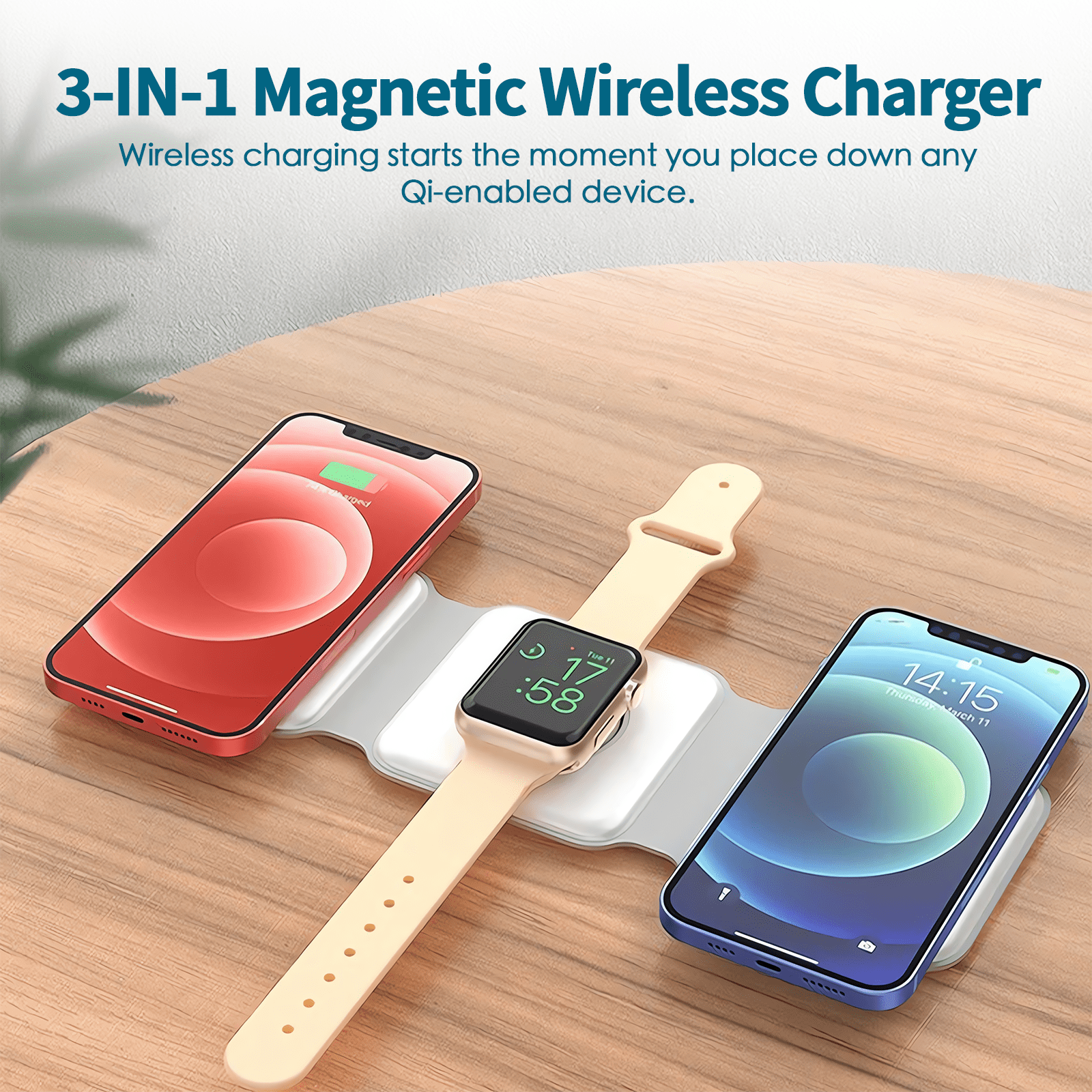plugd USB charger 3 in 1 Wireless 15W Qi Fast Charging Foldable Station for Apple Mag Safe