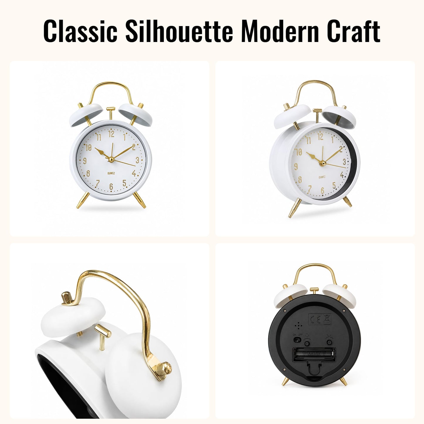 Living Today Clevinger Classic White & Gold Twin Bell Alarm Clock | 16cm
