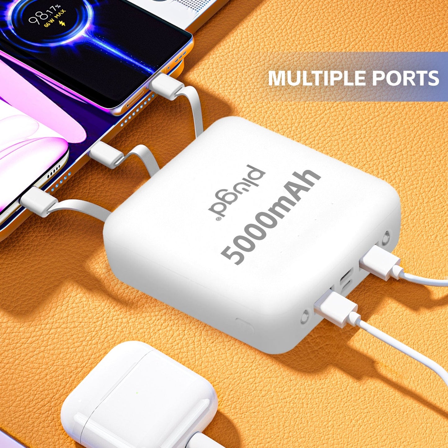 plugd power bank 5000mAh Fast Charge Power Bank with 4 Built-in Cables and LED Lights