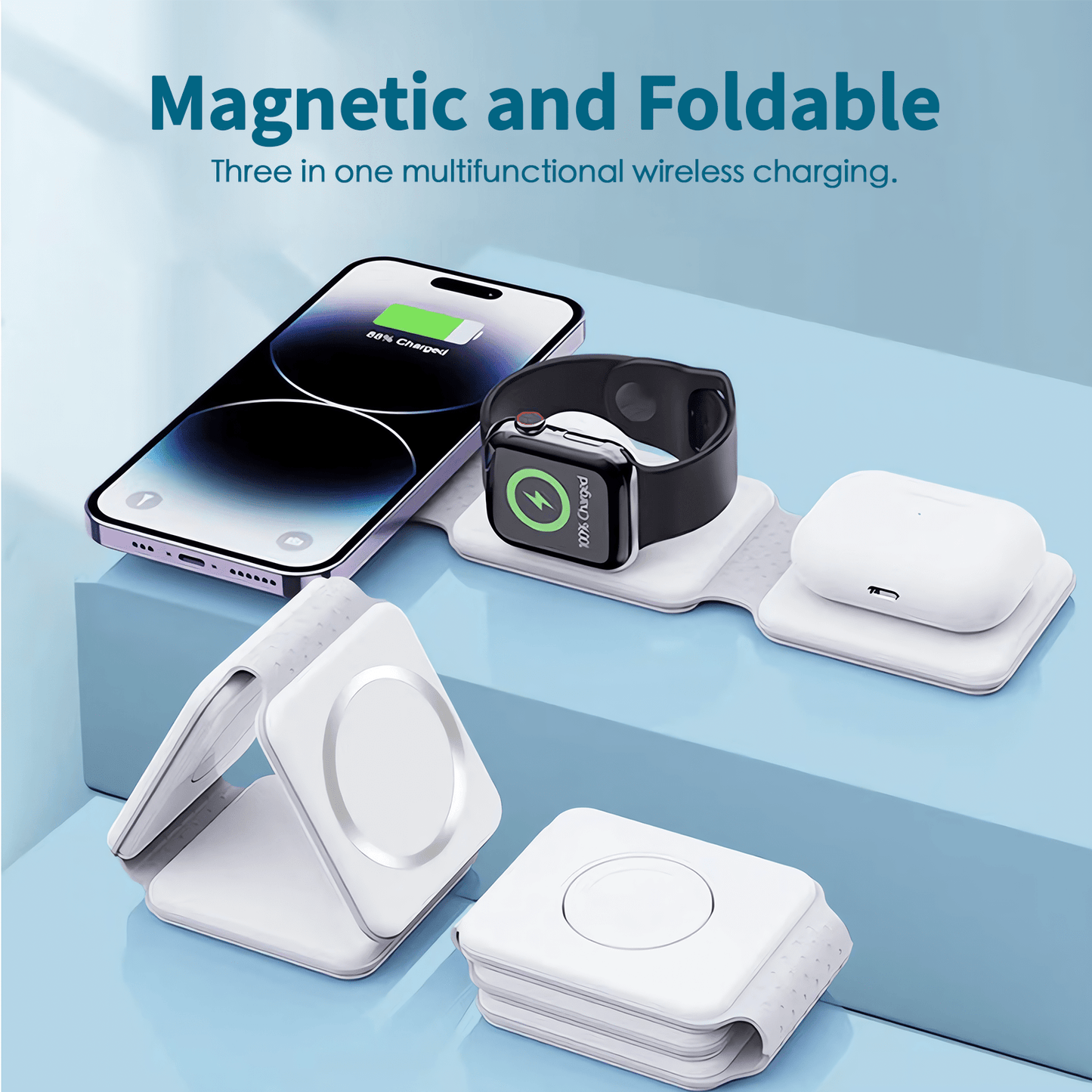 plugd USB charger 3 in 1 Wireless 15W Qi Fast Charging Foldable Station for Apple Mag Safe