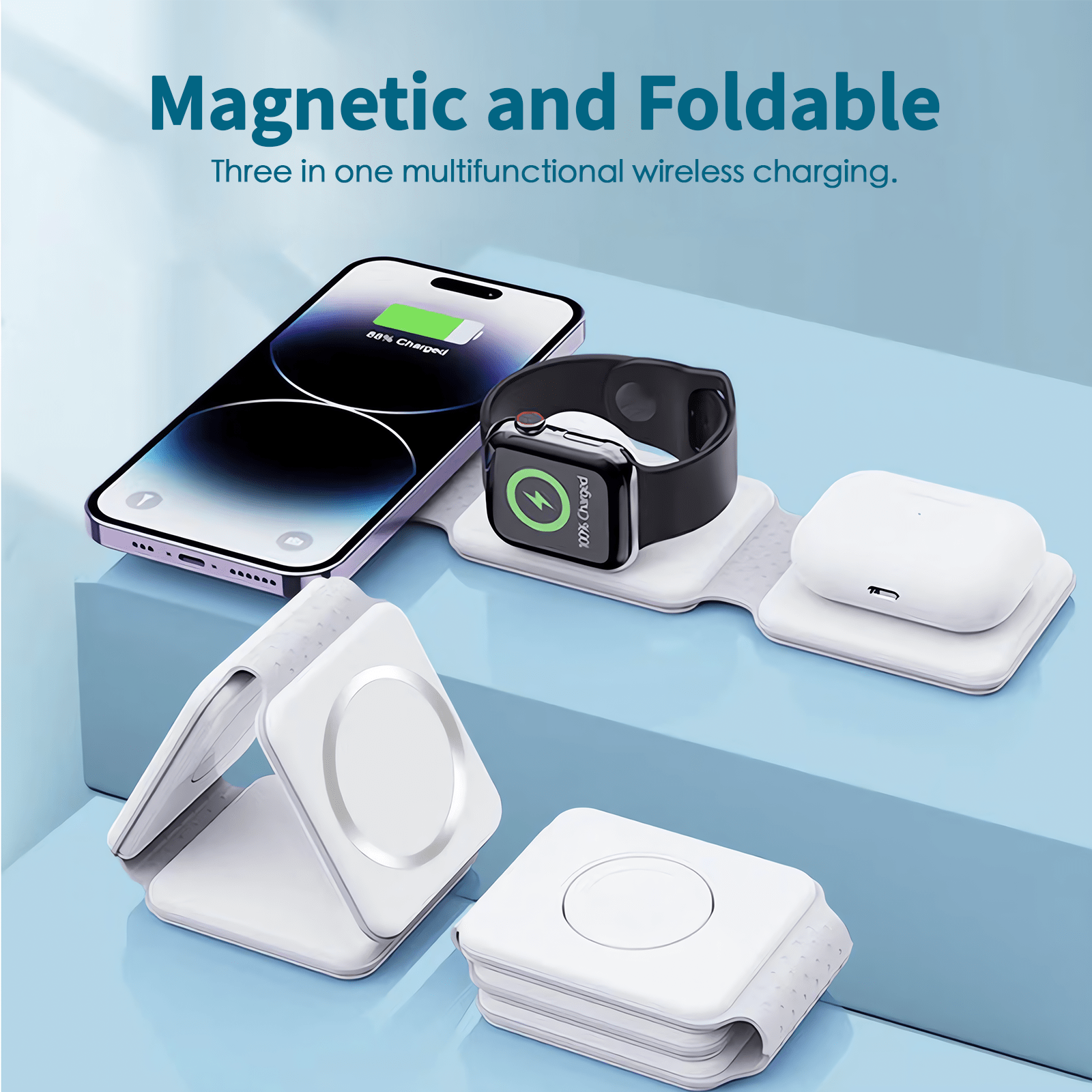 plugd USB charger 3 in 1 Wireless 15W Qi Fast Charging Foldable Station for Apple Mag Safe