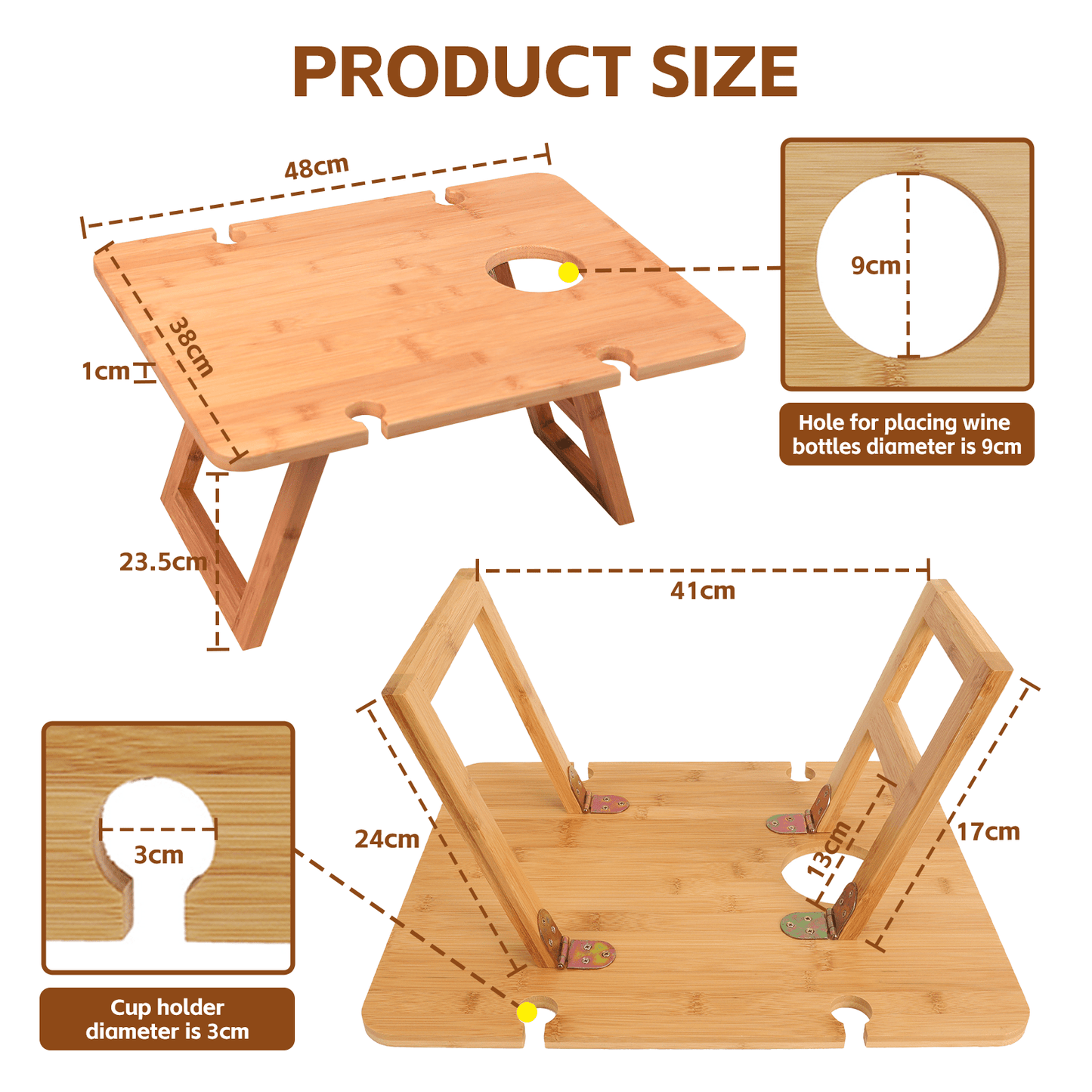 Living Today Bamboo Bamboo Foldable Picnic Table Tray with Wine and Glass Holders
