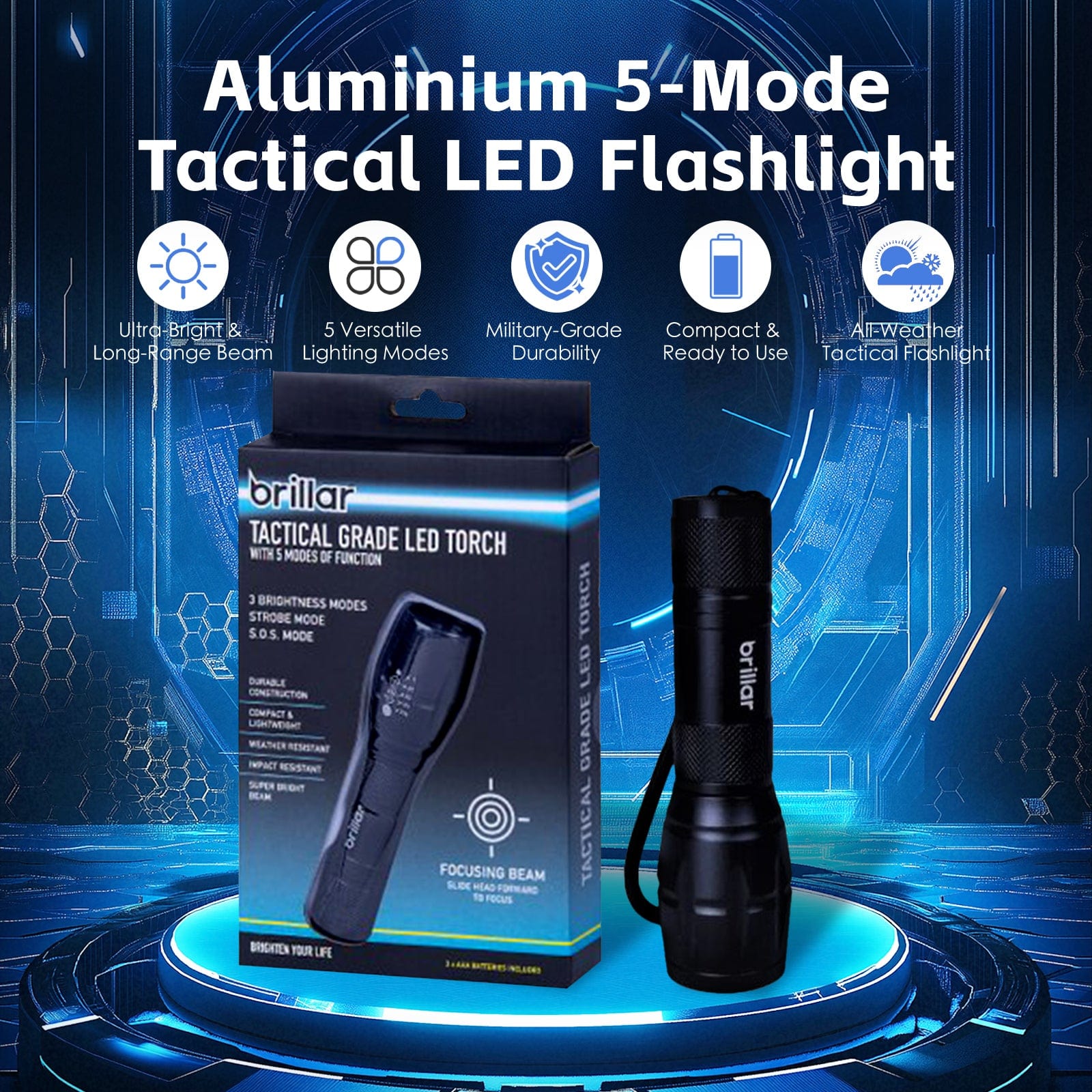 Brillar Flashlights Aluminium 5-Mode Tactical LED Flashlight