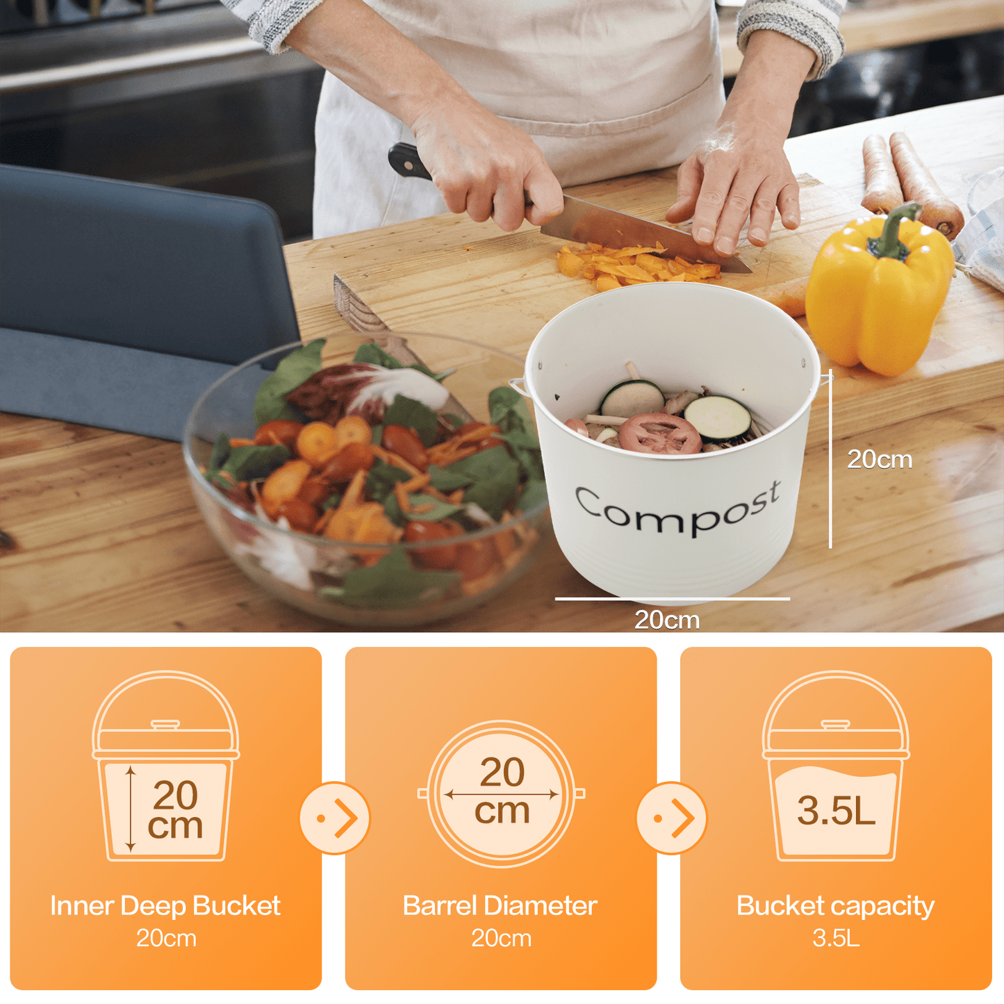 Living Today Kitchen 5L Kitchen Bench Compost Bin with 6 Replacement Activated Carbon Filters