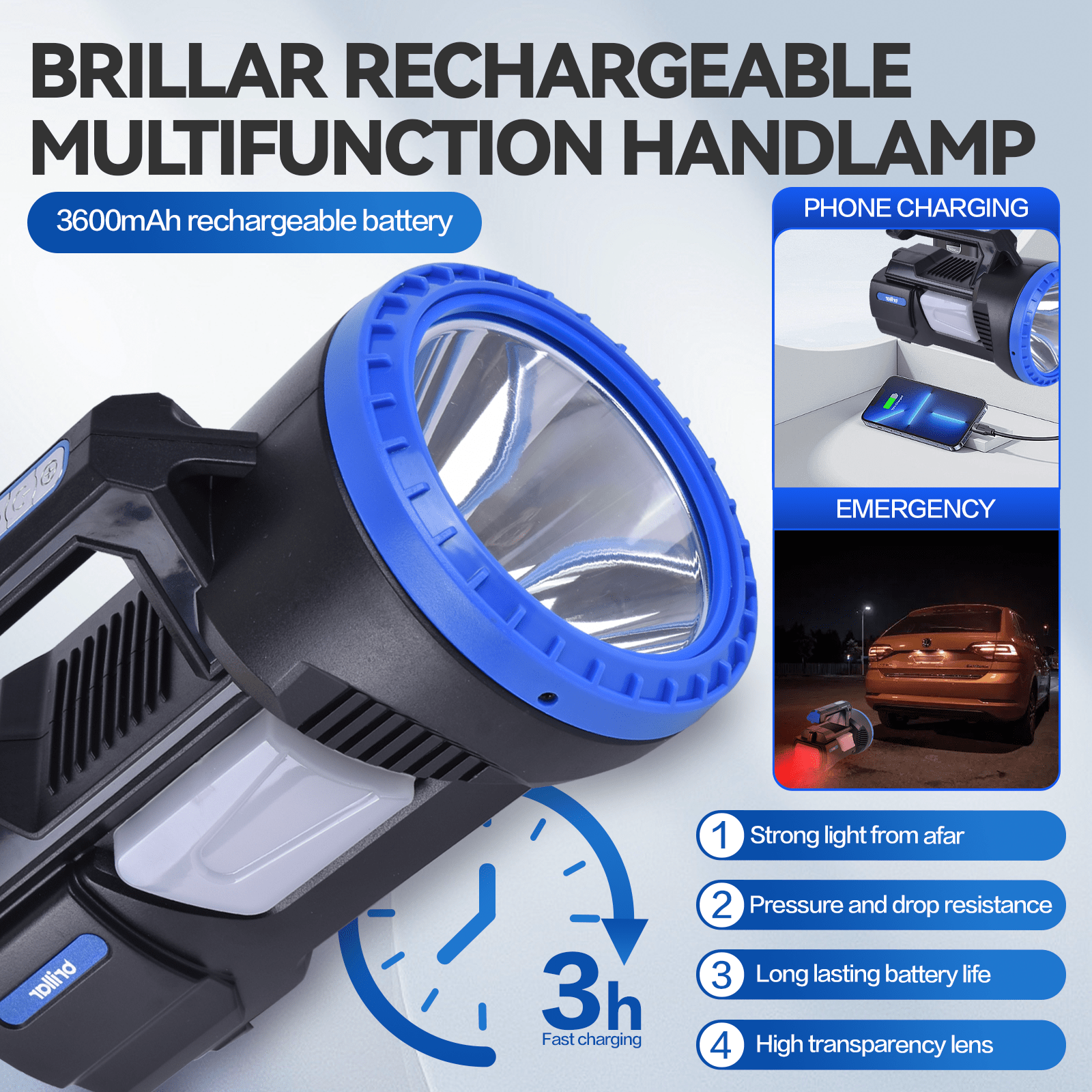 Brillar spotlight torch Brillar 300 Lumen USB Rechargeable Multifunction LED Searchlight
