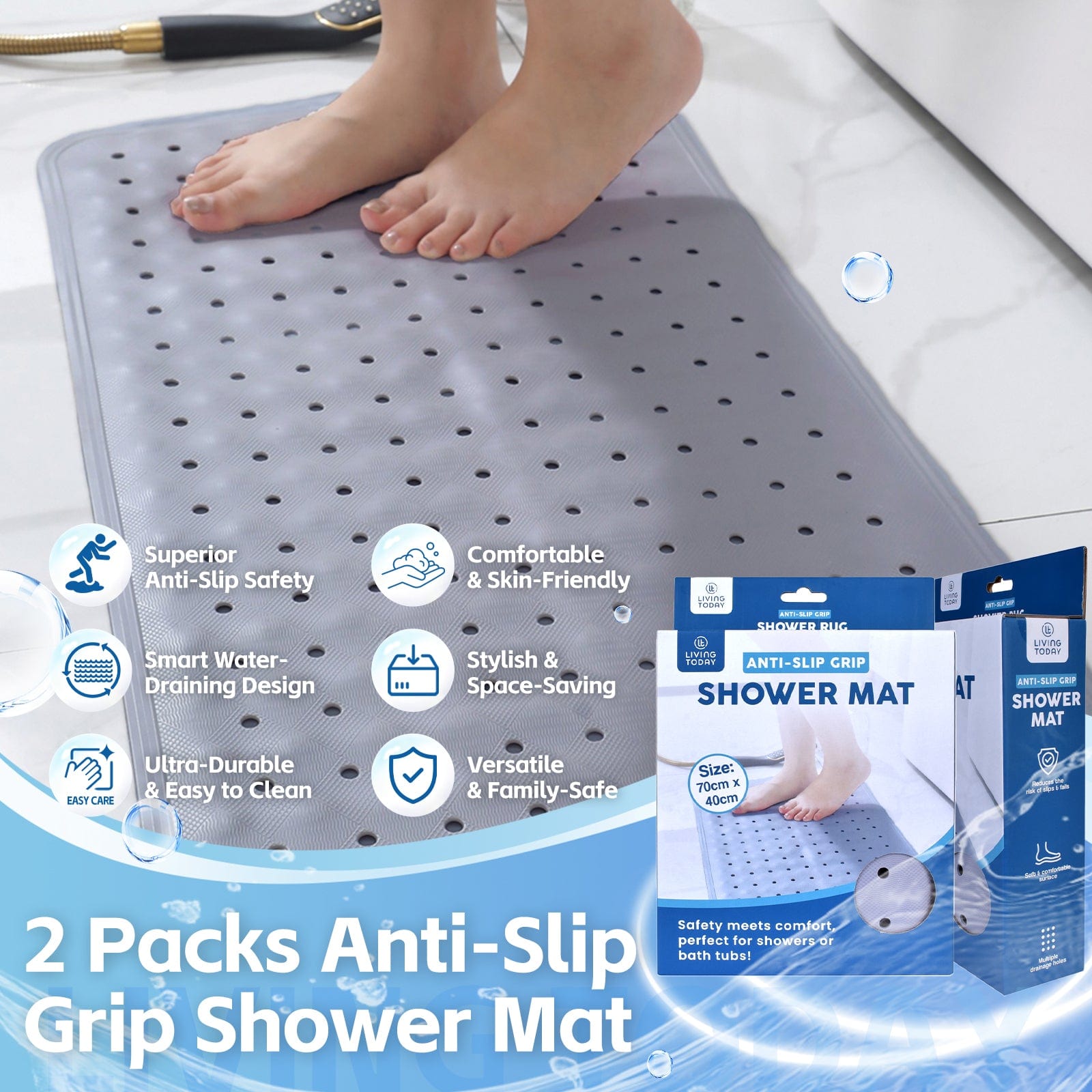 Living Today 2Pcs Anti-slip Grip Shower Mat 70x40 cm