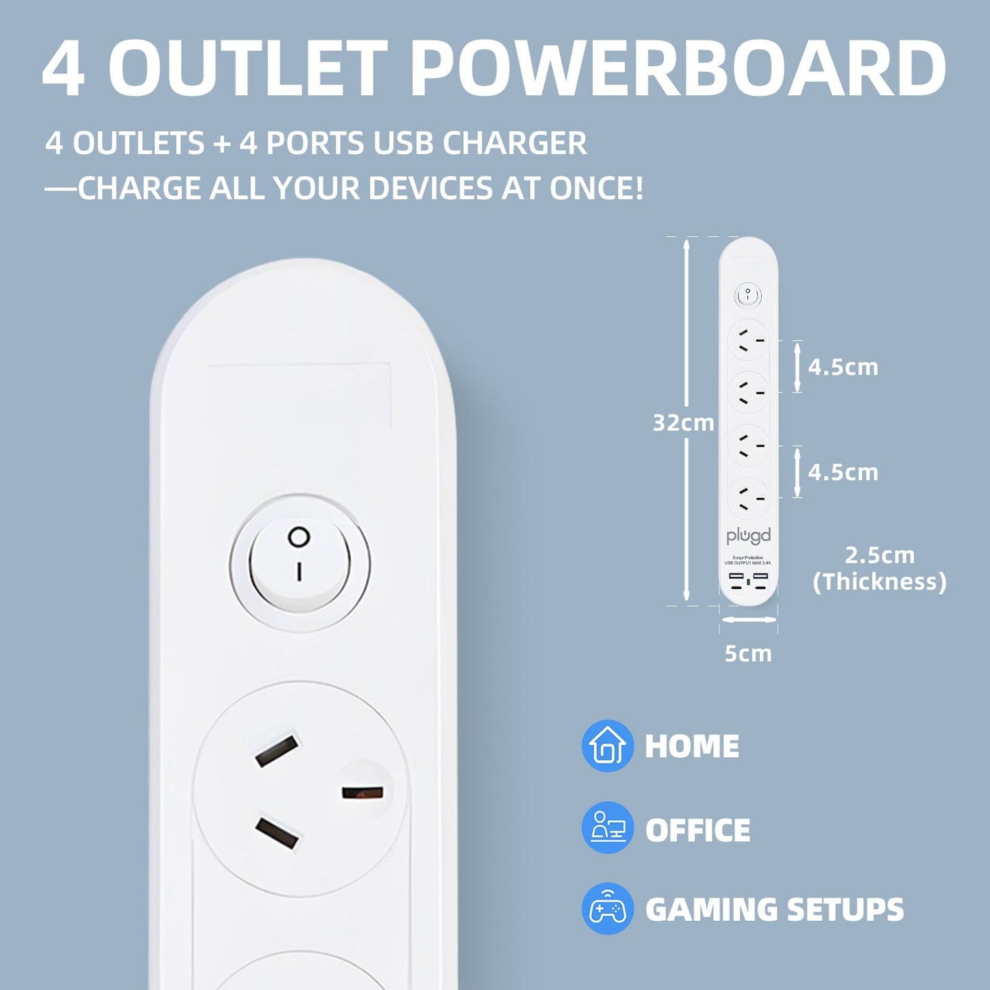 plugd powerboard Plugd 2 USB A + 2 USB C 240V 10A Powerboard with 【Surge Protection】