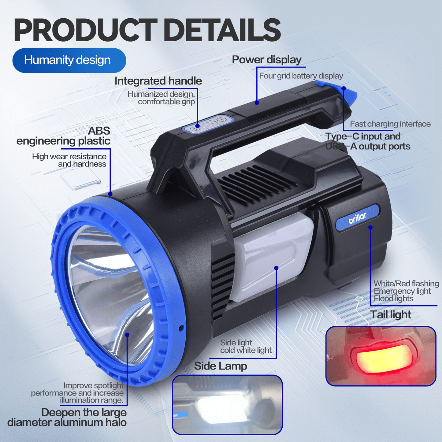 Brillar spotlight torch Brillar 300 Lumen USB Rechargeable Multifunction LED Searchlight