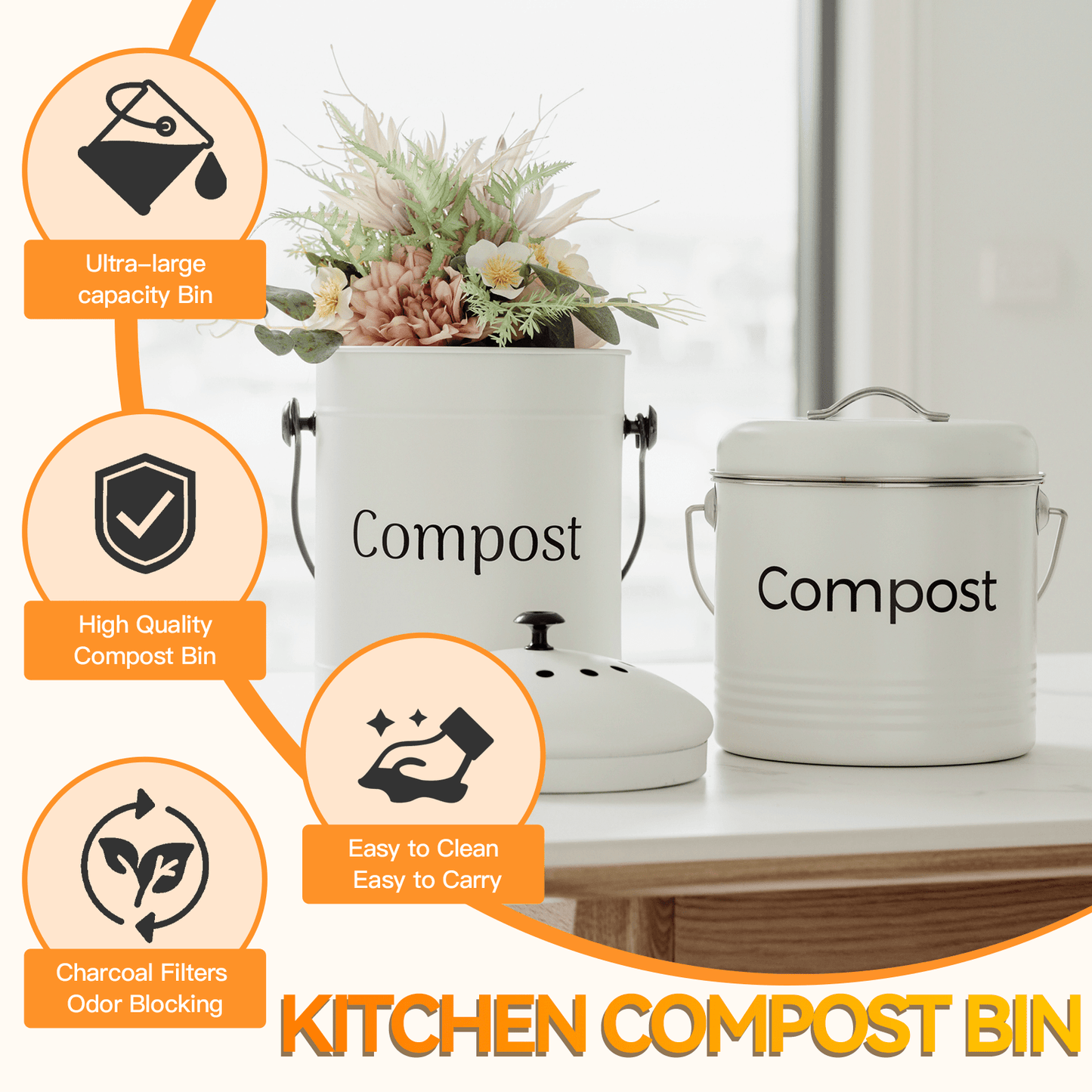 Living Today Kitchen 5L Kitchen Bench Compost Bin with 6 Replacement Activated Carbon Filters