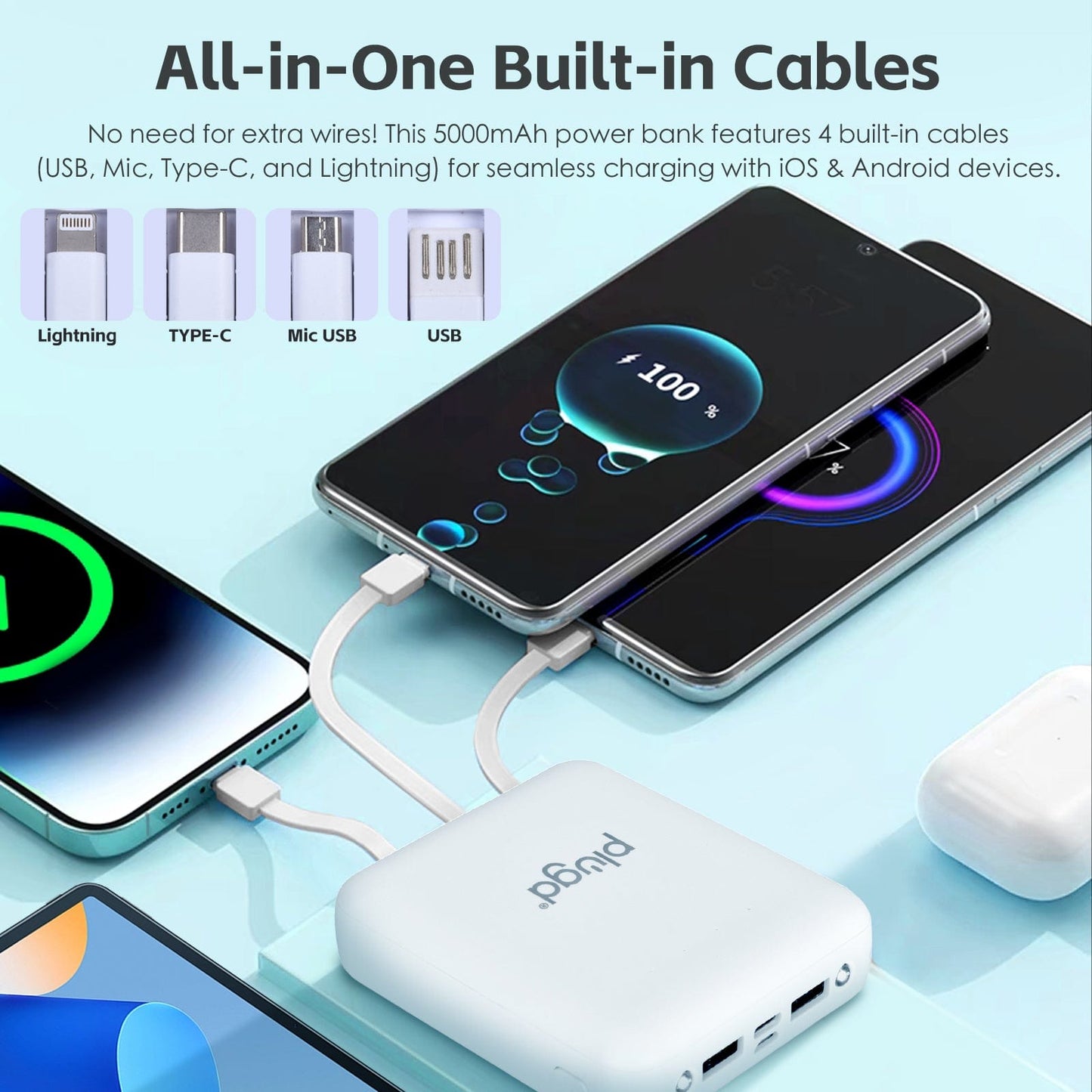 plugd power bank 5000mAh Fast Charge Power Bank with 4 Built-in Cables and LED Lights