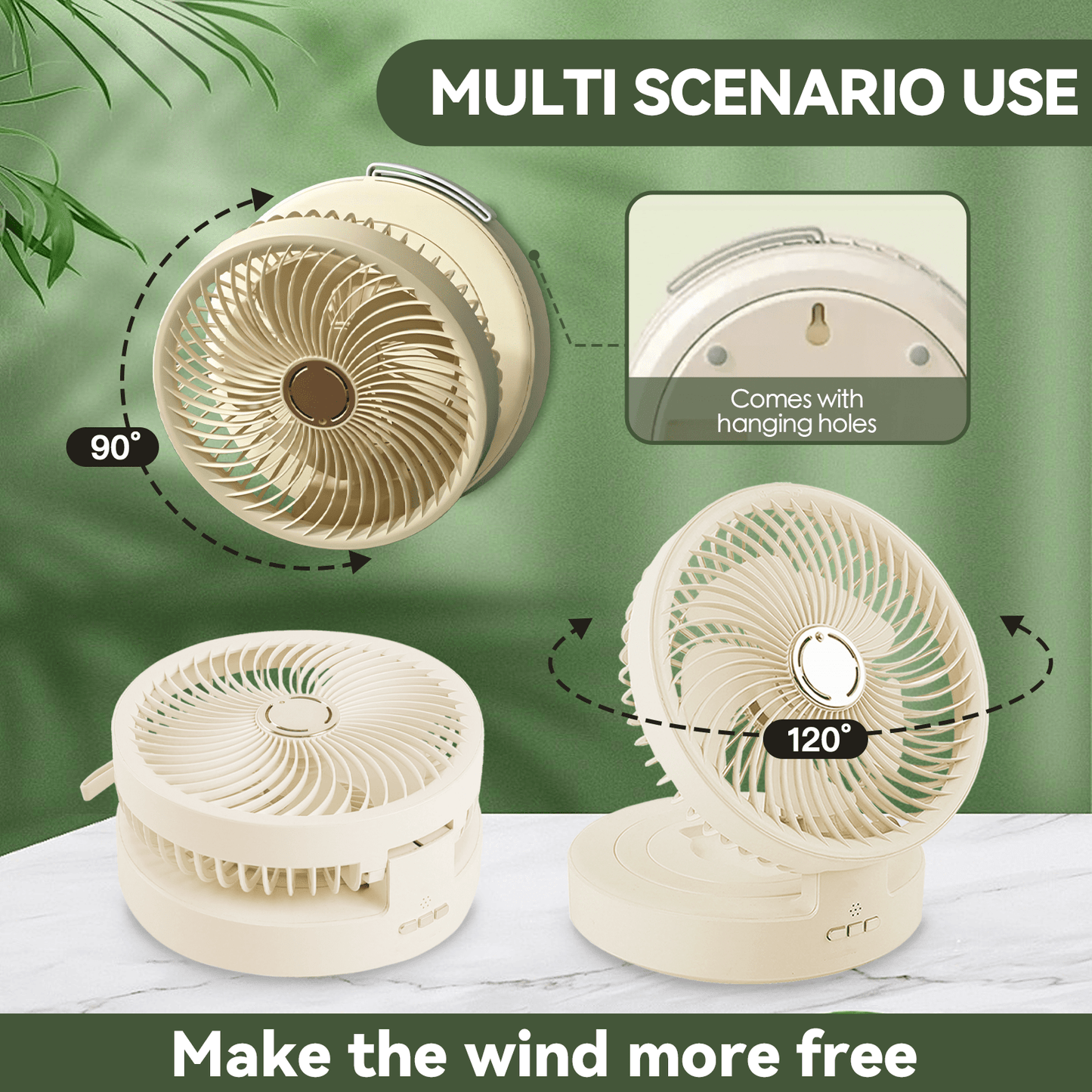 Living Today Fans USB Rechargeable Auto Oscillation Tilt Adjustable Cordless Fan with Remote Control and Night Light Wall Mountable