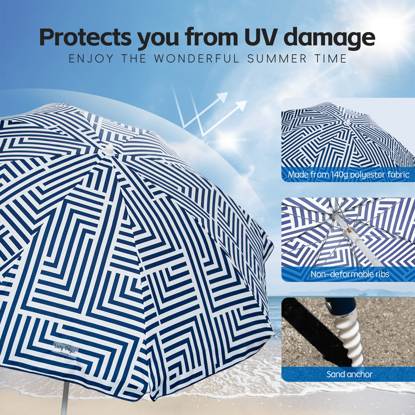 Lazy Dayz Beach Accessories Lazy Dayz 1.8m Tiltable Beach Umbrella with Carry Bag - Makena