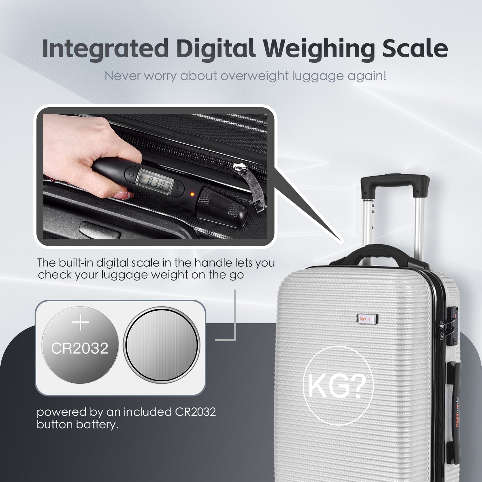 Flightmode 20" Digital Weighing Scale and USB Charging Port Lightweight Carry-on Luggage Suitcase Silver