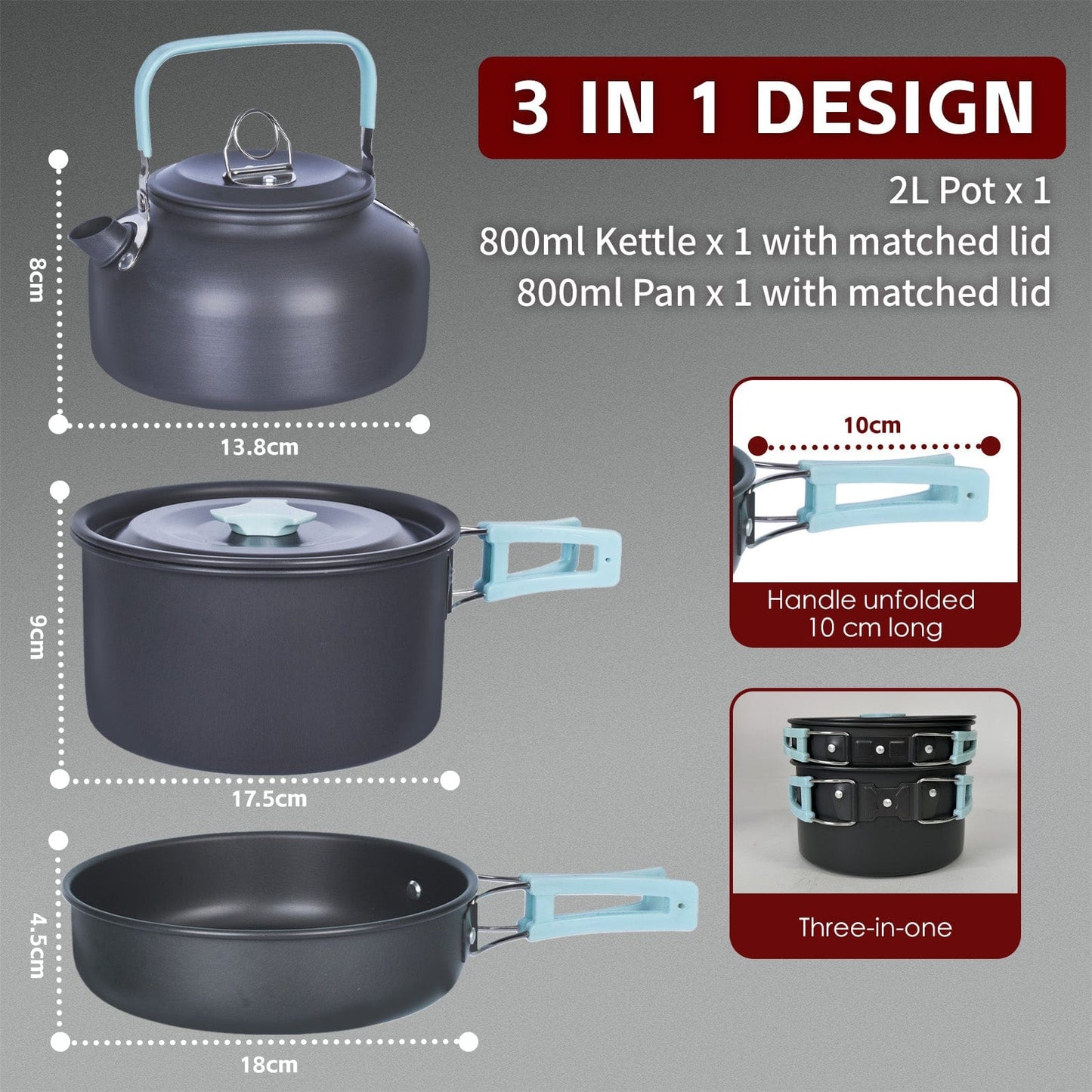 Cookeasy 3Pcs Camping Cooking Set – Lightweight Anodised Aluminium Outdoor Cookware Kit with Heat-Resistant Handles