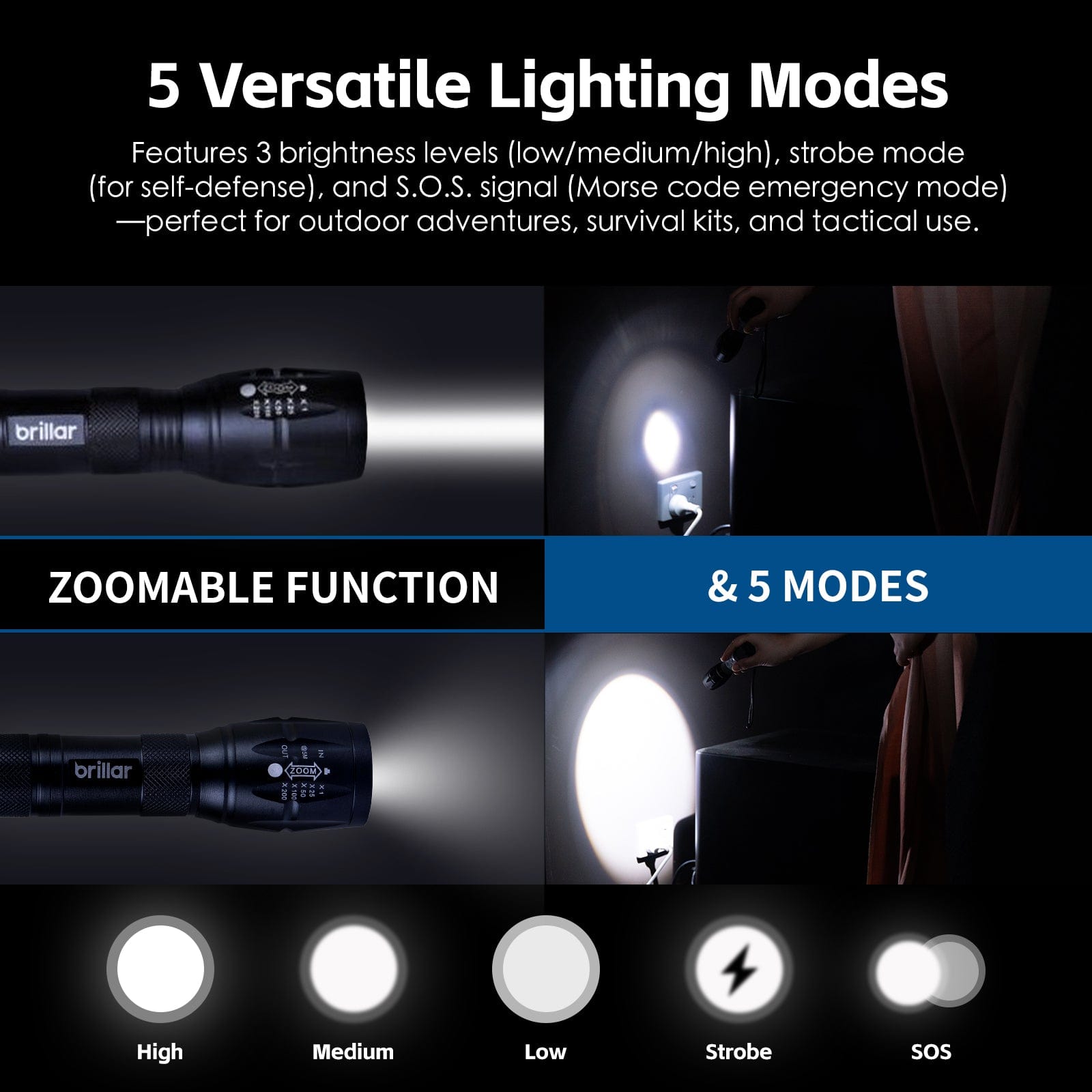 Brillar Flashlights Aluminium 5-Mode Tactical LED Flashlight