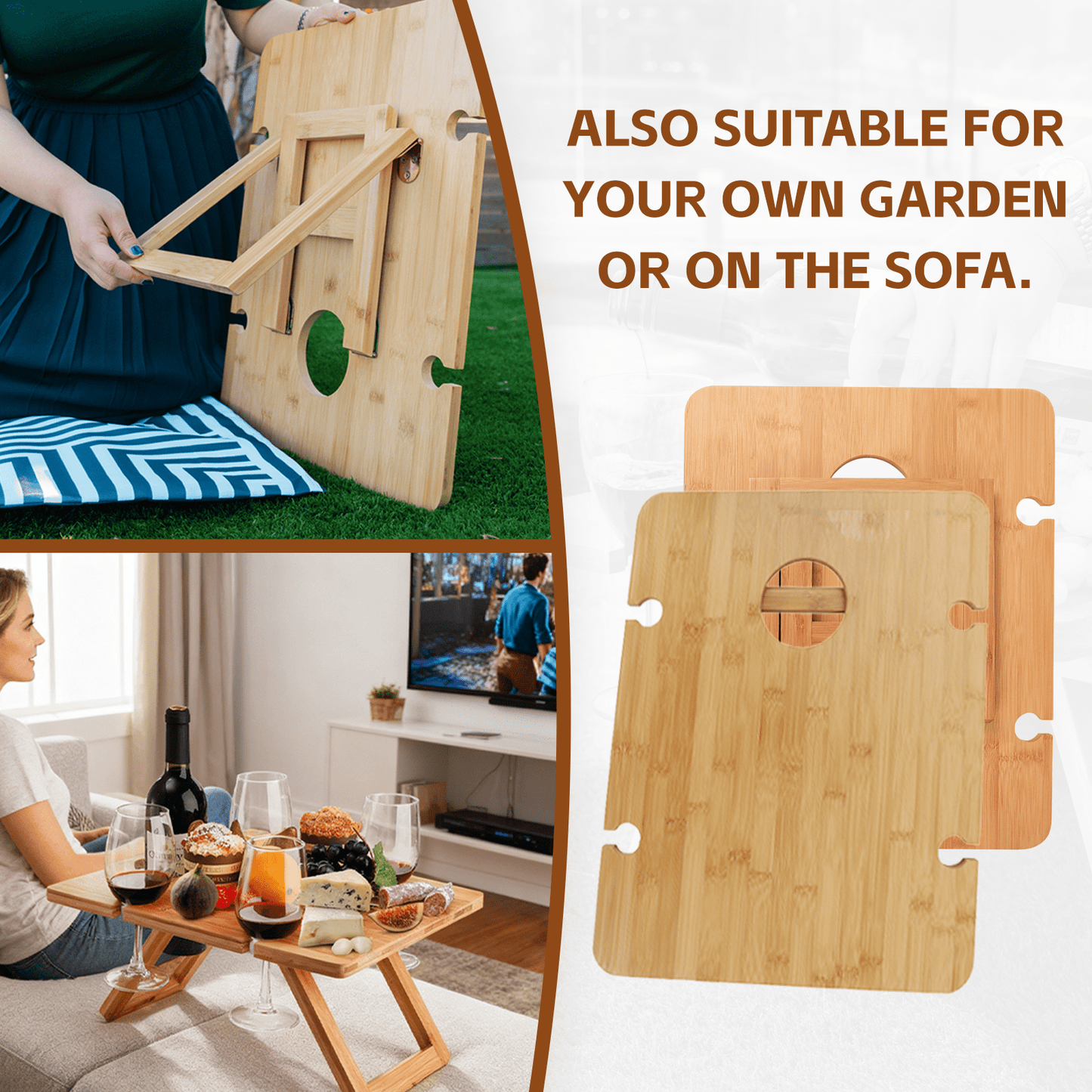 Living Today Bamboo Bamboo Foldable Picnic Table Tray with Wine and Glass Holders
