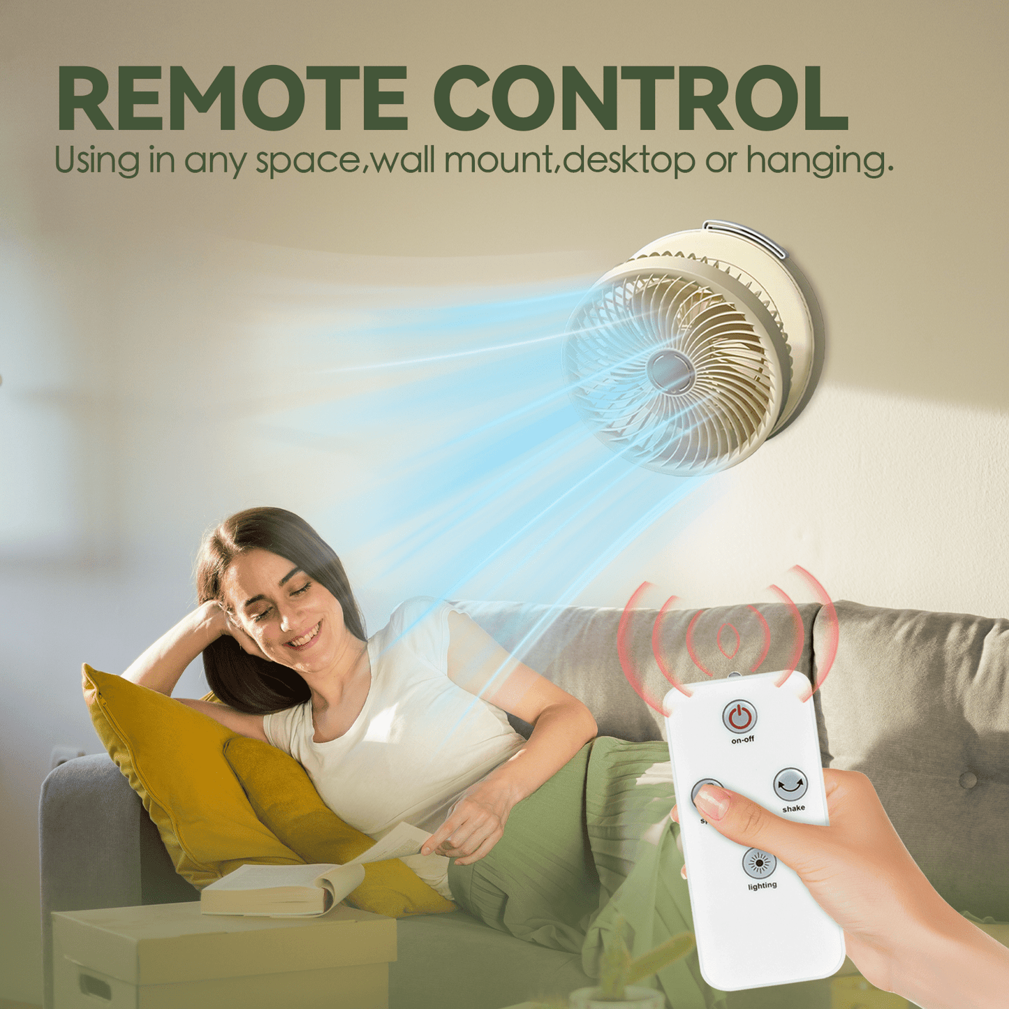 Living Today Fans USB Rechargeable Auto Oscillation Tilt Adjustable Cordless Fan with Remote Control and Night Light Wall Mountable