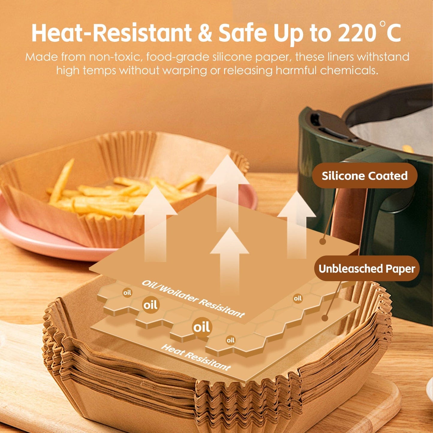 COOK EASY Air Fryer Liner 200 Pcs Disposable Unbleached Silicone Paper Dish Air-fryer Liner (100 small square + 100 large square)