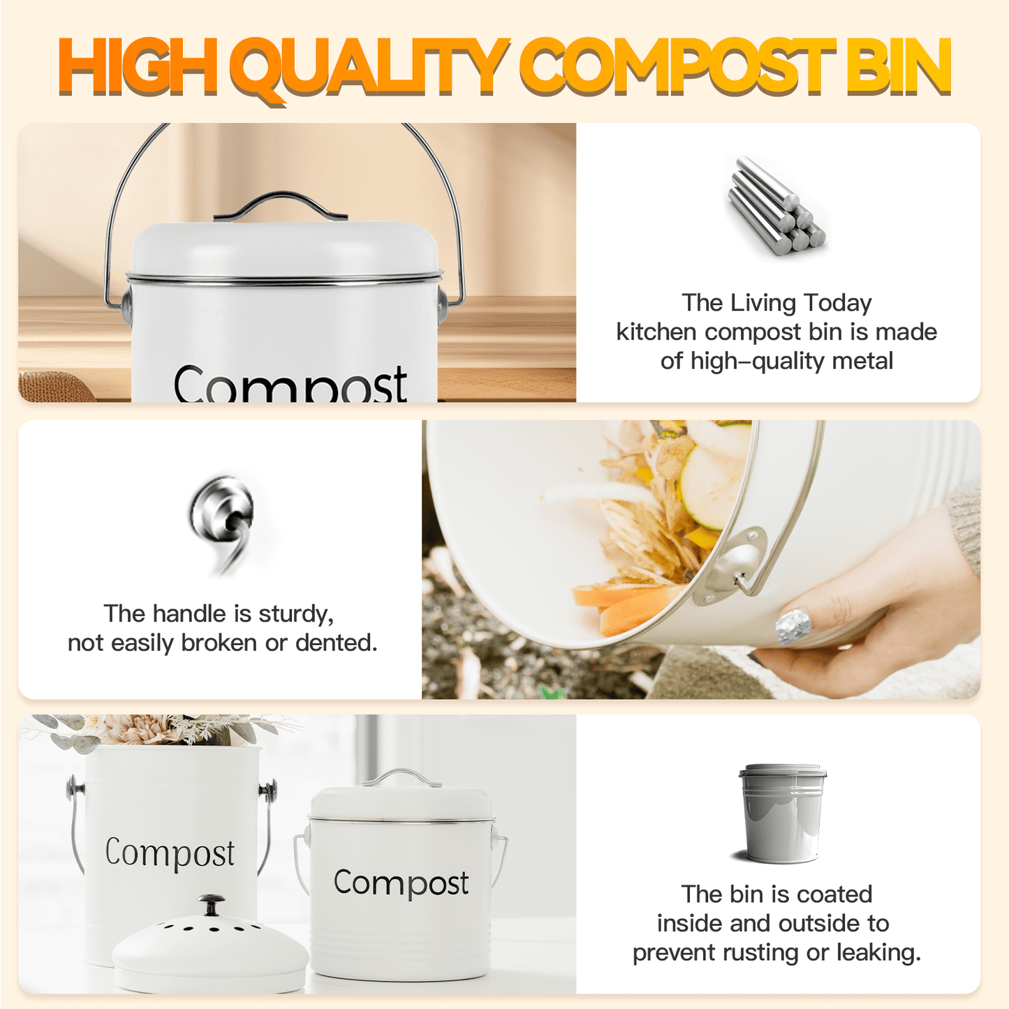 Living Today Kitchen 5L Kitchen Bench Compost Bin with 6 Replacement Activated Carbon Filters