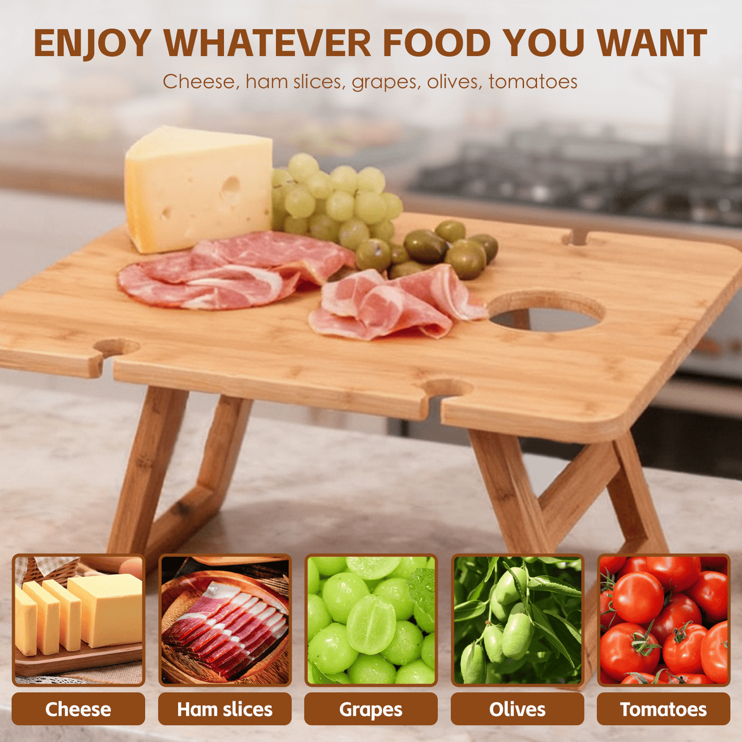 Living Today Bamboo Bamboo Foldable Picnic Table Tray with Wine and Glass Holders
