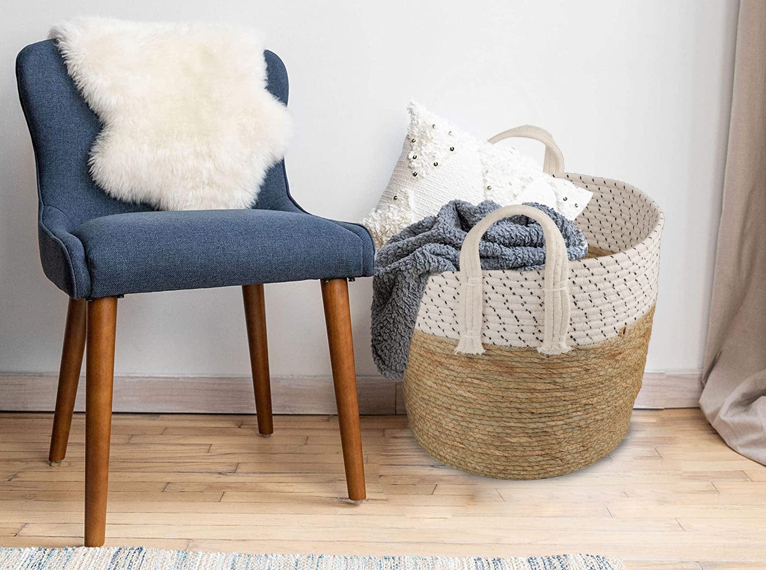 LIVINGTODAY 3 Piece Cotton Rope Stripe Carry Handles Storage Baskets Set