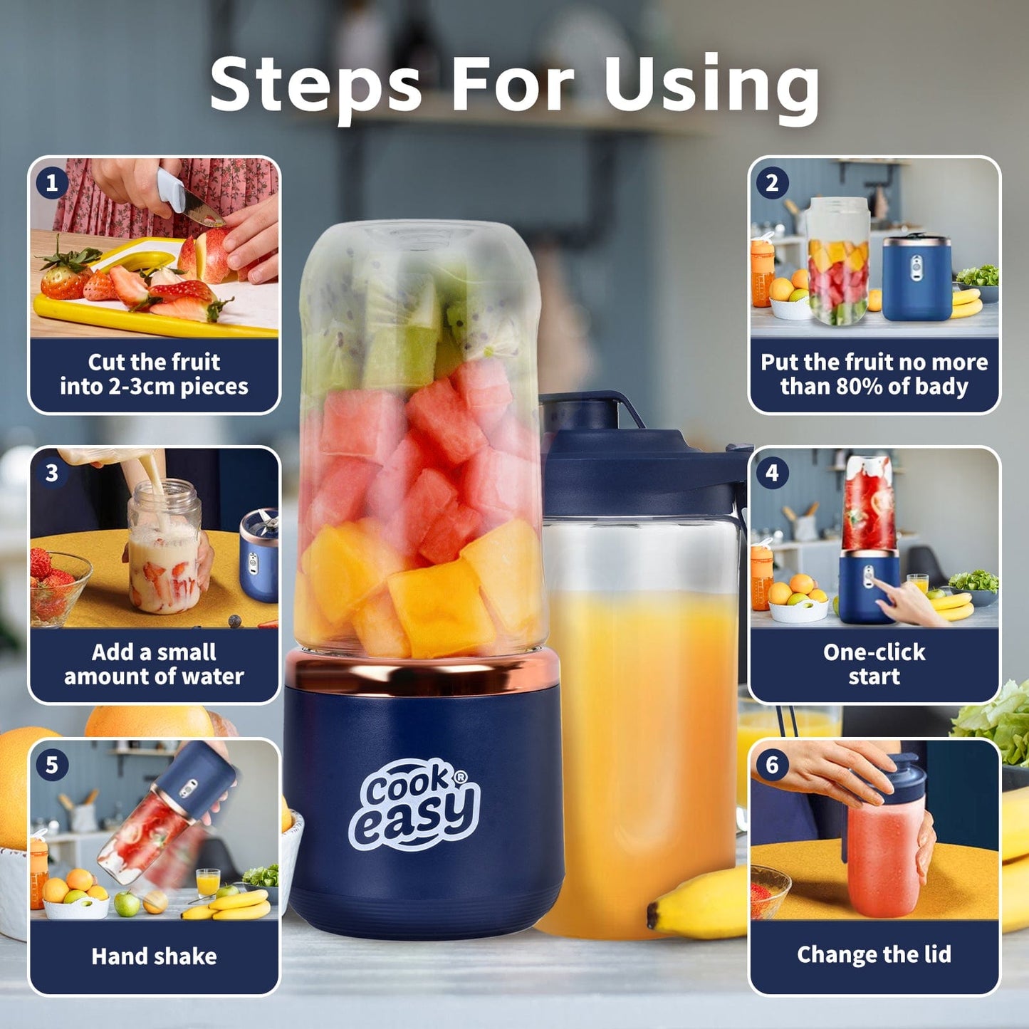 COOK EASY juicer 400ml USB-C Rechargeable Portable Juicer with Travel Lid