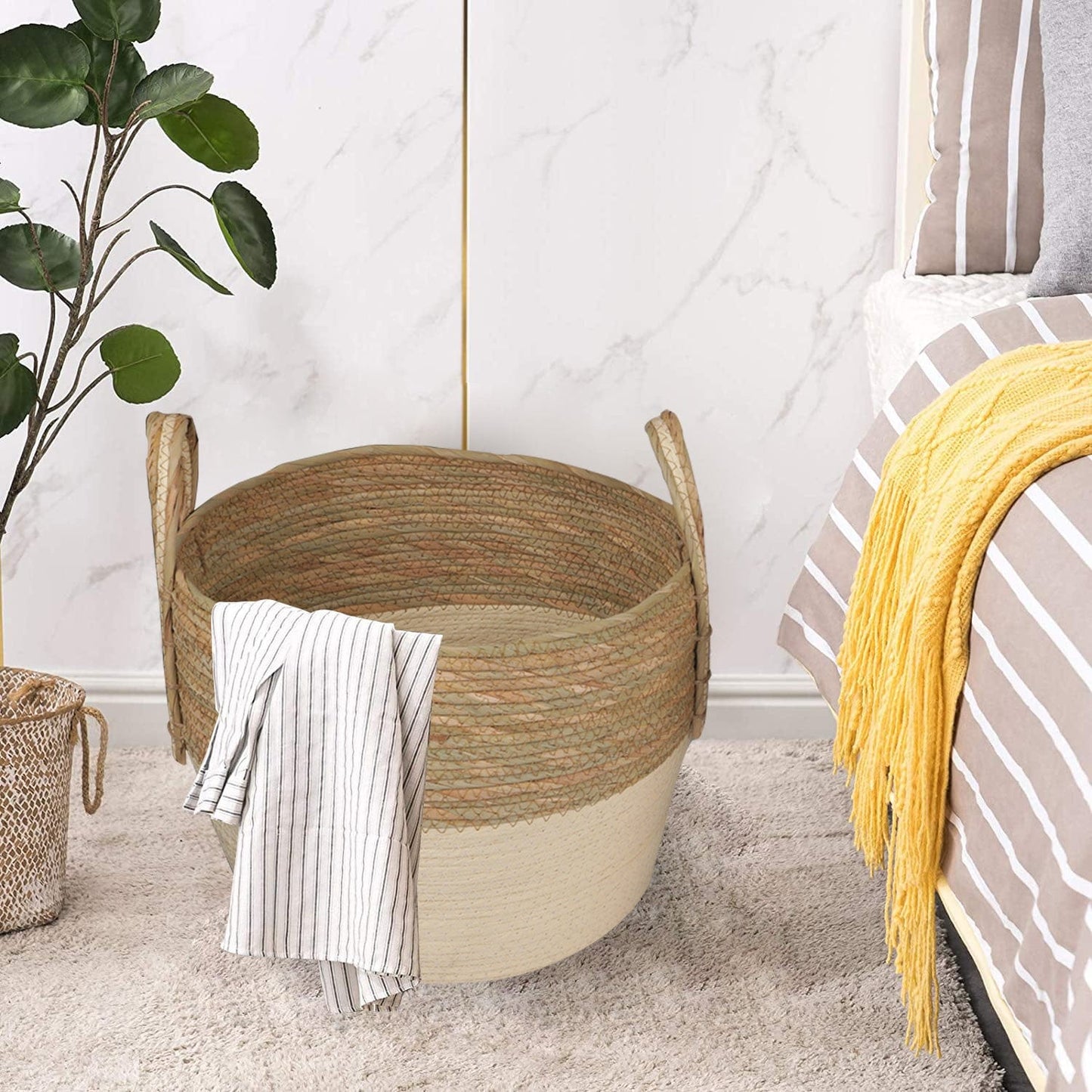 LIVINGTODAY 3 Piece Cotton Rope Stripe Carry Handles Storage Baskets Set