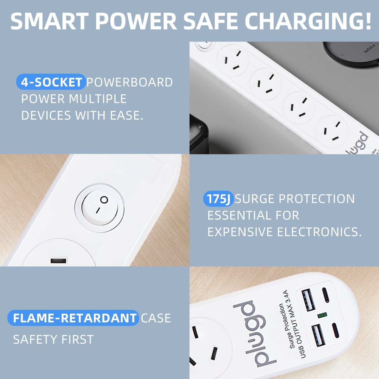 plugd powerboard Plugd 2 USB A + 2 USB C 240V 10A Powerboard with 【Surge Protection】