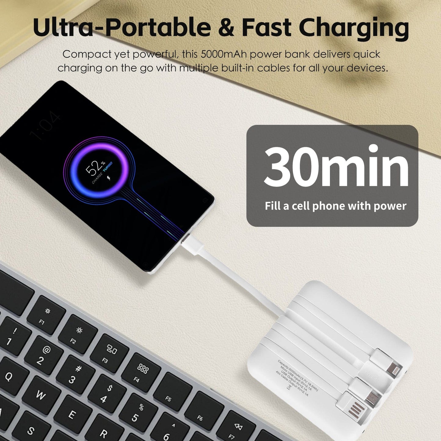 plugd power bank 5000mAh Fast Charge Power Bank with 4 Built-in Cables and LED Lights