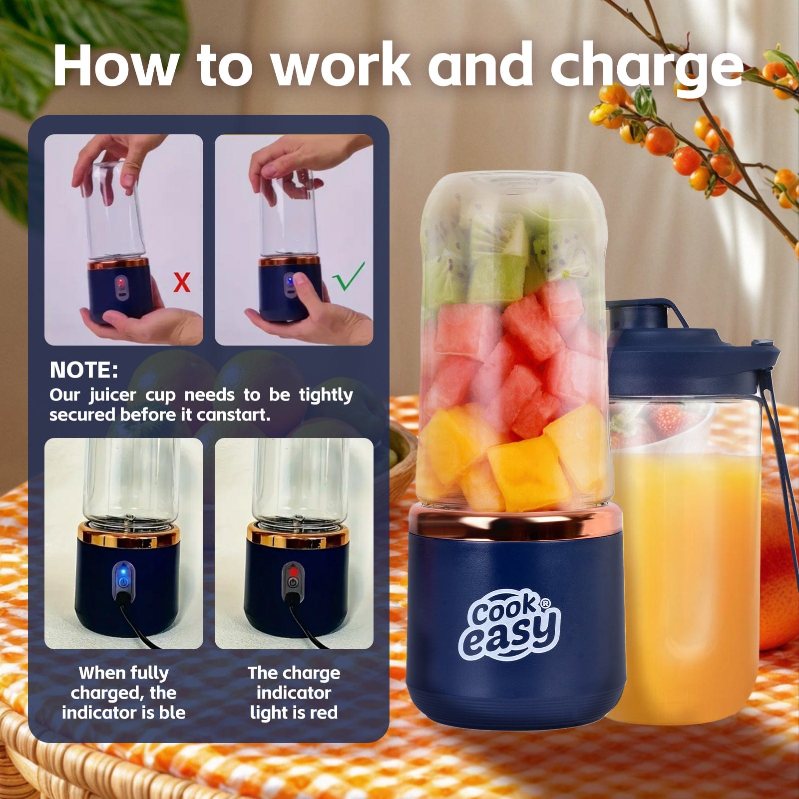 COOK EASY juicer 400ml USB-C Rechargeable Portable Juicer with Travel Lid