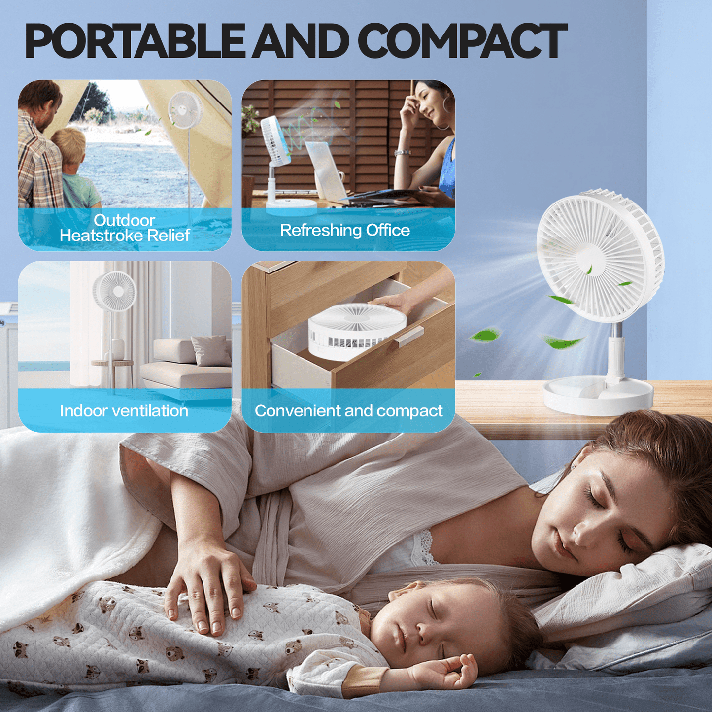 Living Today Fans Folding Telescopic 4.5W Portable Height/Tilt Adjustable Rechargeable Cordless Fan