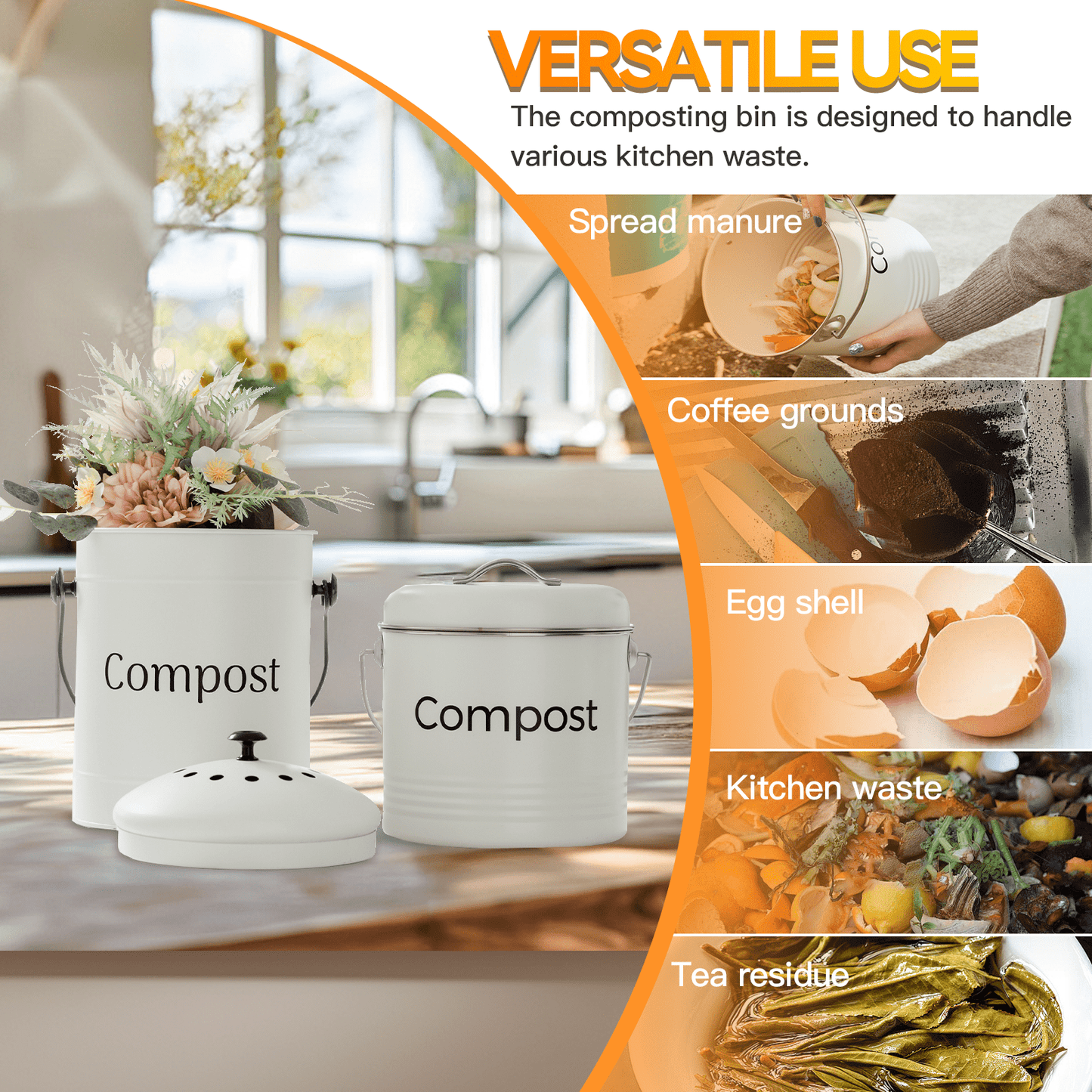 Living Today Kitchen 5L Kitchen Bench Compost Bin with 6 Replacement Activated Carbon Filters