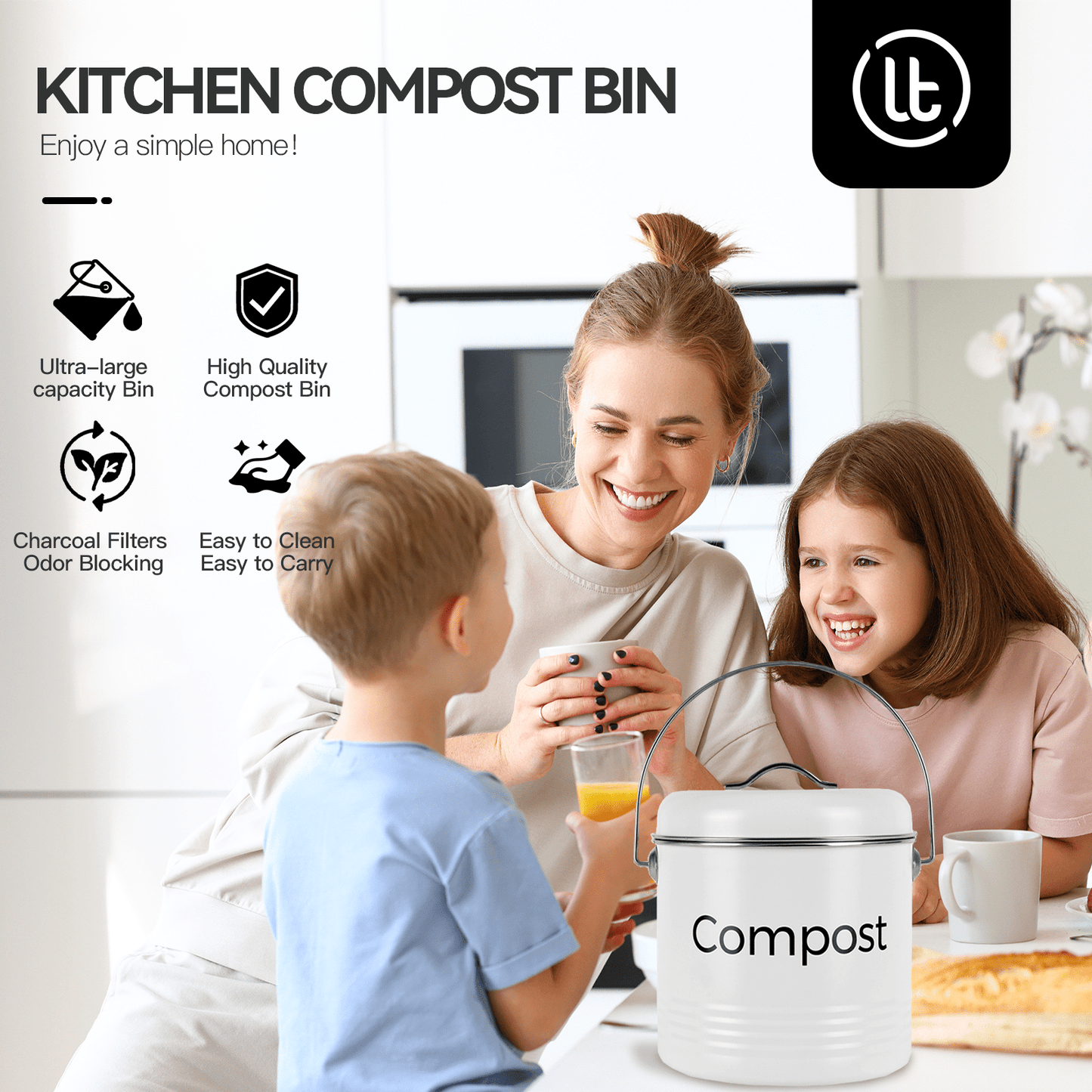 Living Today Kitchen 5L Kitchen Bench Compost Bin with 6 Replacement Activated Carbon Filters