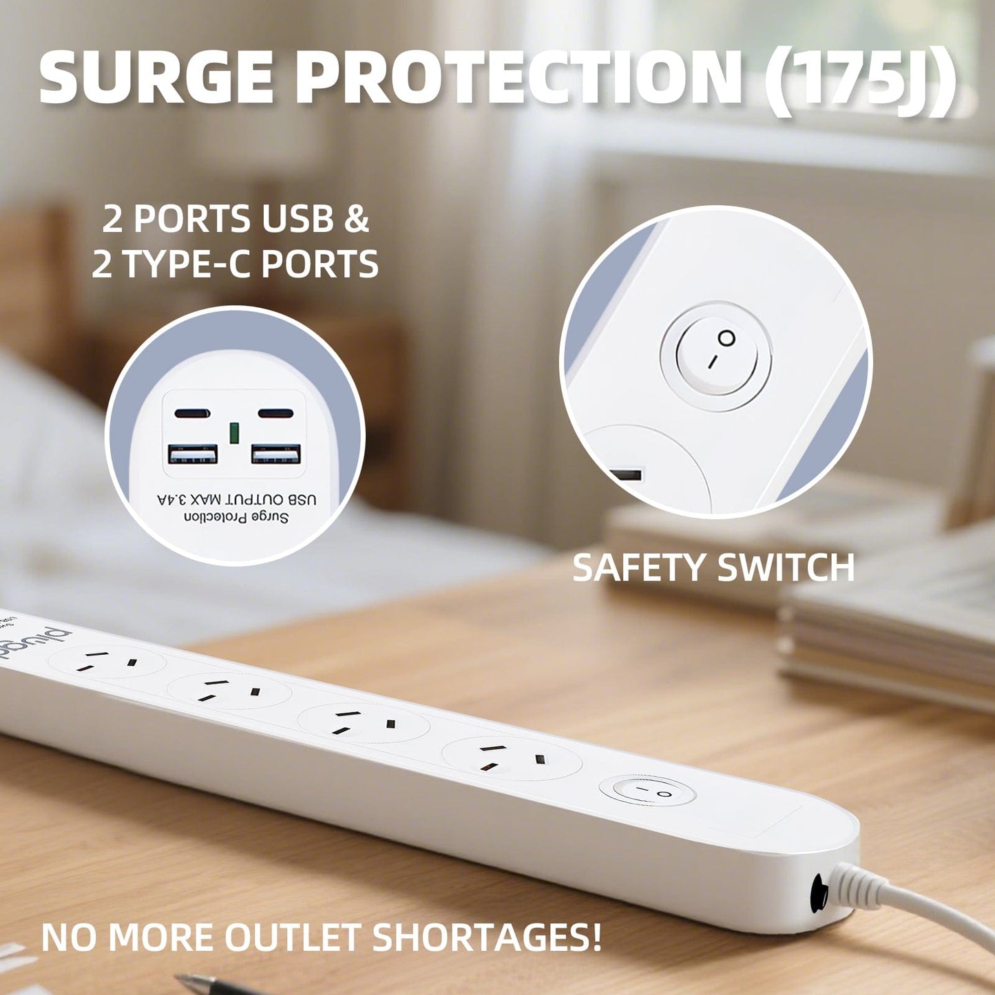 plugd powerboard Plugd 2 USB A + 2 USB C 240V 10A Powerboard with 【Surge Protection】