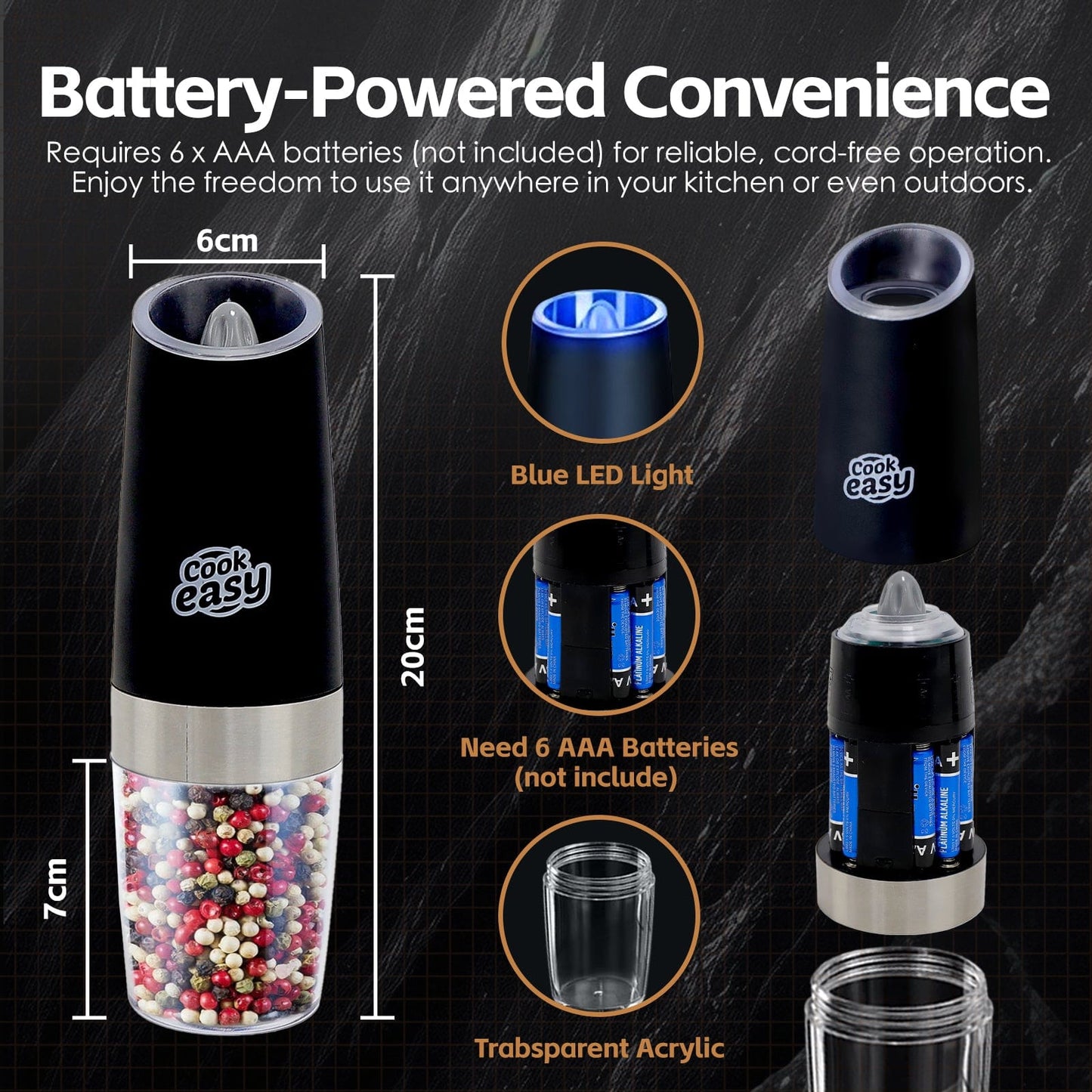 COOK EASY salt grinder 2 pk Gravity Sensor Electric Salt and Pepper Spice Grinder