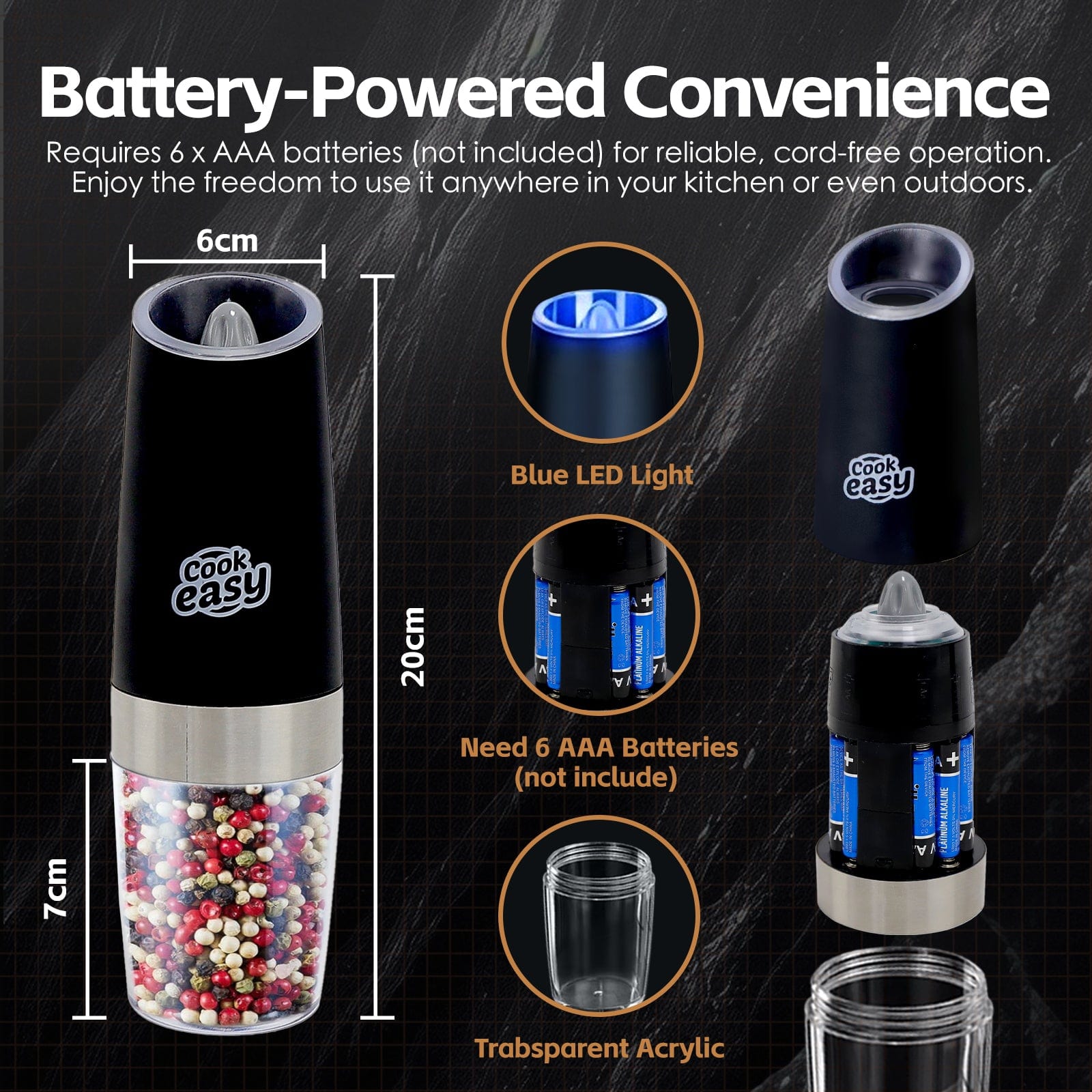 COOK EASY salt grinder 2 pk Gravity Sensor Electric Salt and Pepper Spice Grinder