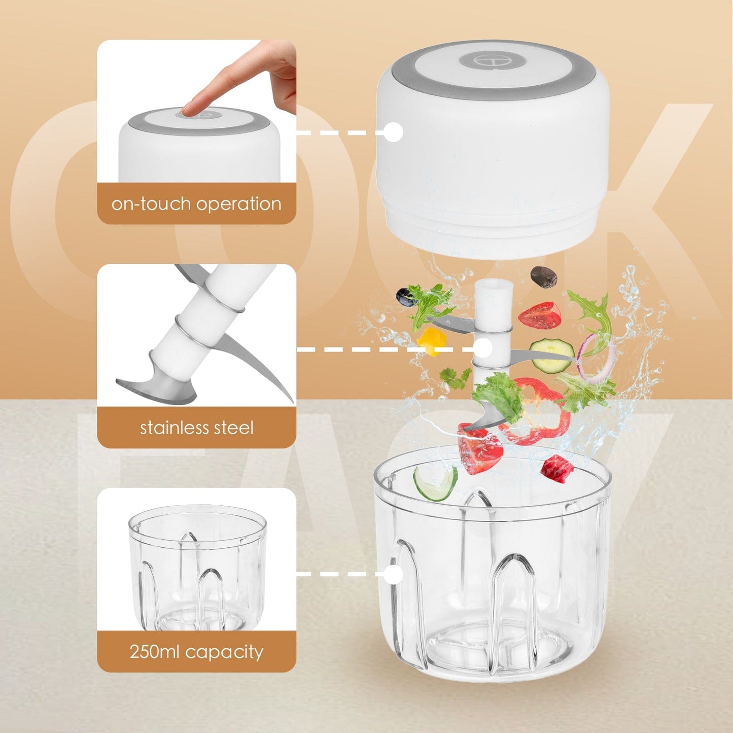 COOK EASY 250ml Cordless USB Rechargeable Mini Food Chopper