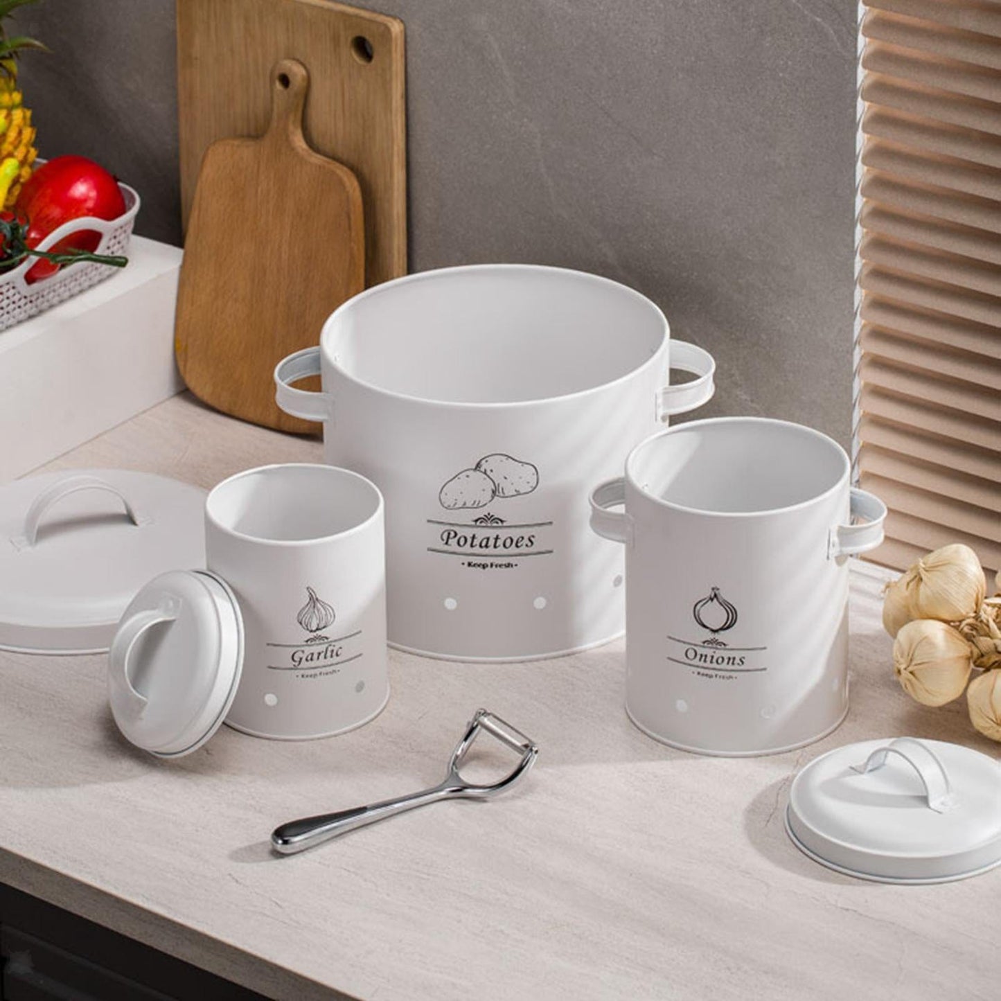 Clevinger Kitchen 3 Pcs Galvanised Iron Fruit Vegetable Storage Tins