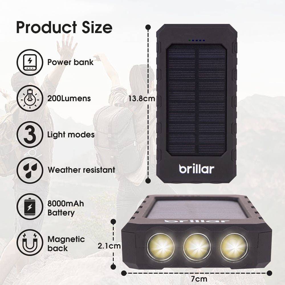 Brillar solar power bank Brillar 8000mAh Solar USB Power Bank 200 Lumens LED Torch