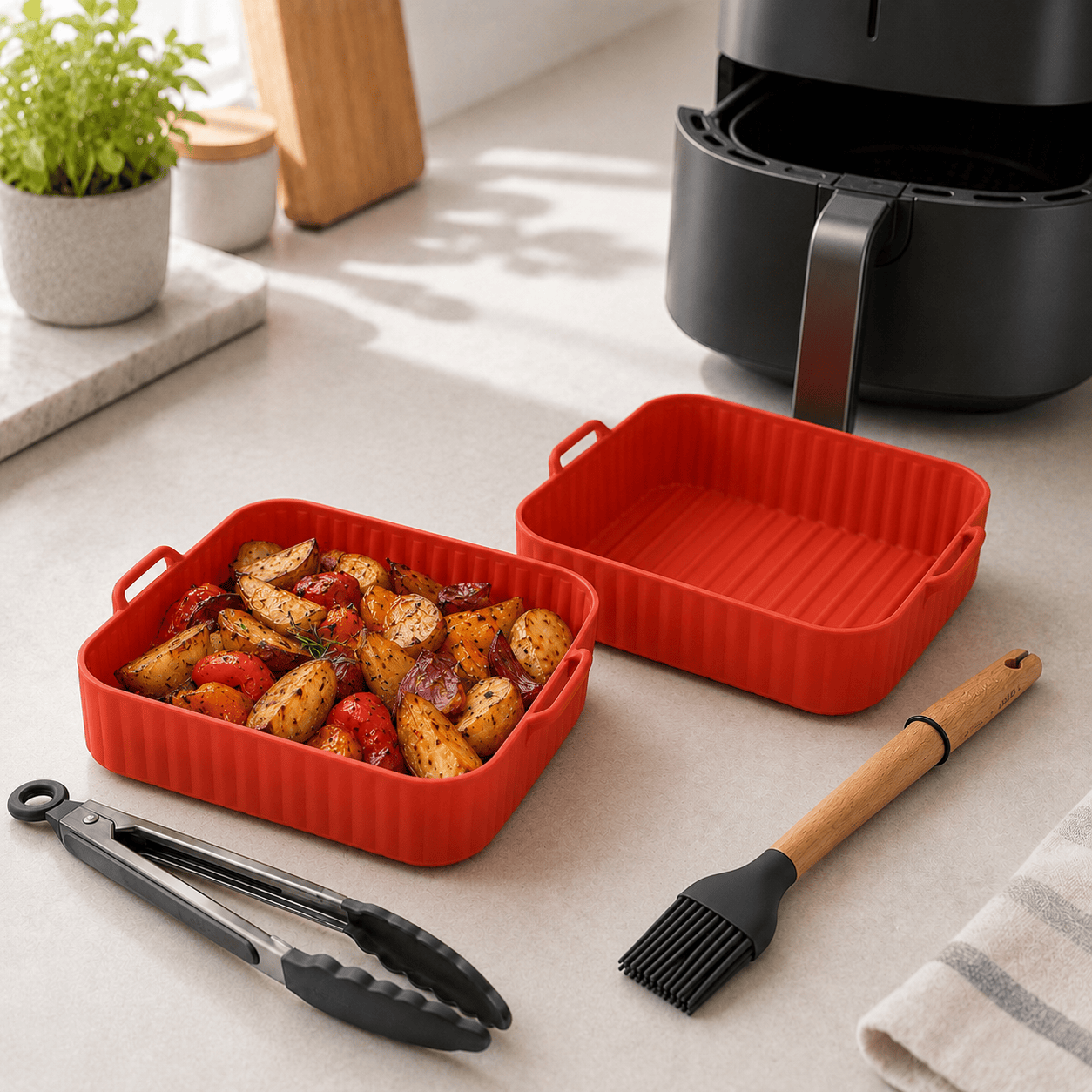 Living Today 4 Pcs Air Fryer Accessories Set with Square Silicone Liner, Tongs & Basting Brush