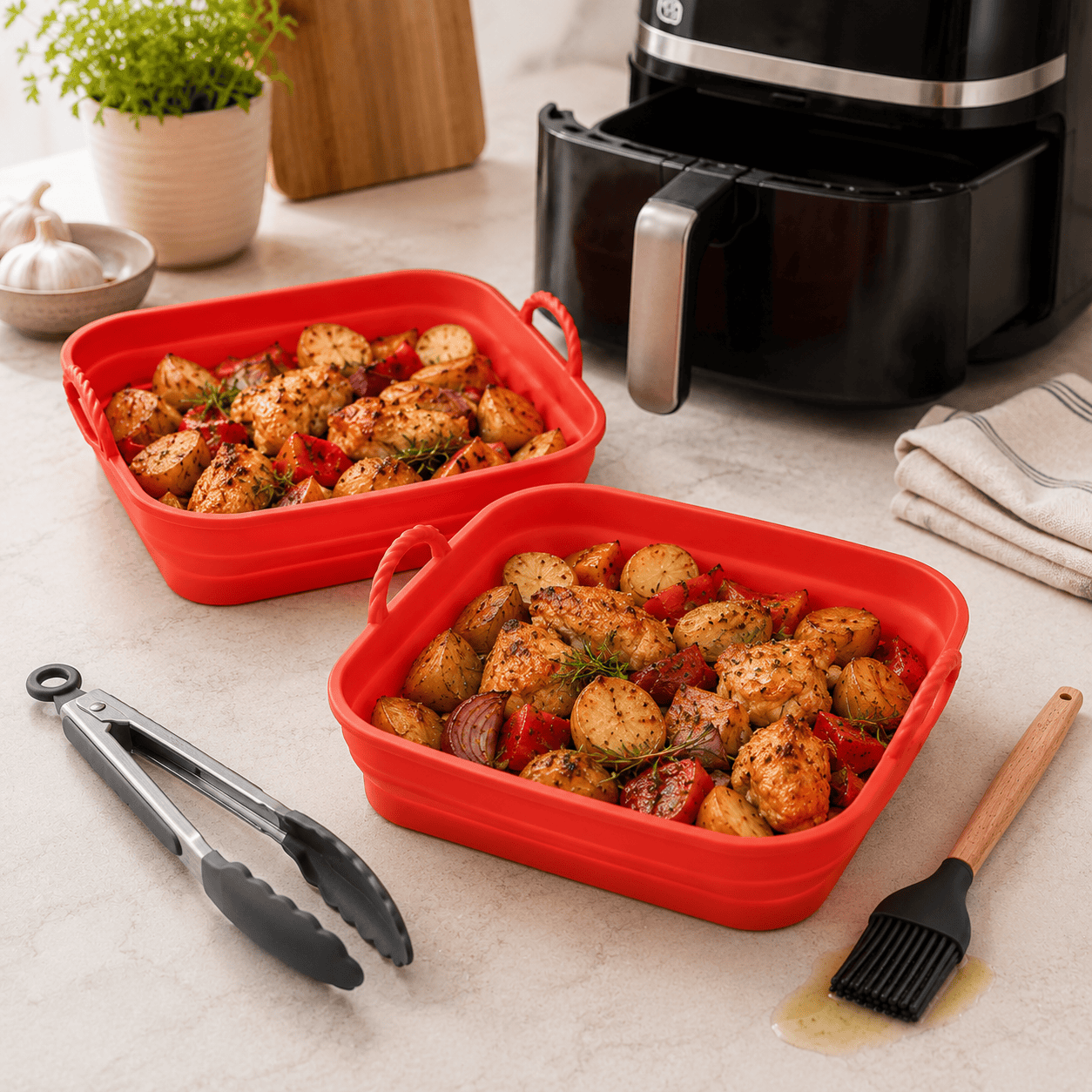 Living Today 4 Pcs Air Fryer Accessories Set with Rectangle Silicone Liner, Tongs & Basting Brush