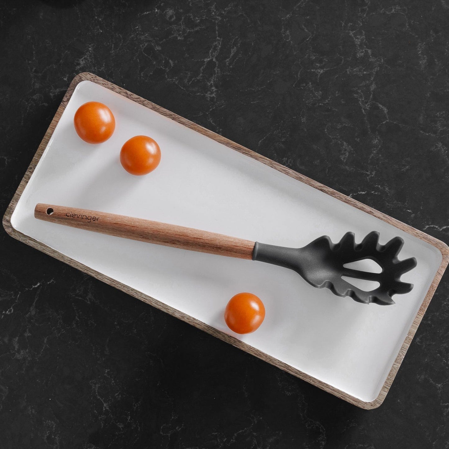Clevinger cookware Beechwood & Silicone Kitchen Serving Utensils Set - Ladle/Pasta Server/Tongs/Slotted Spoon - Charcoal