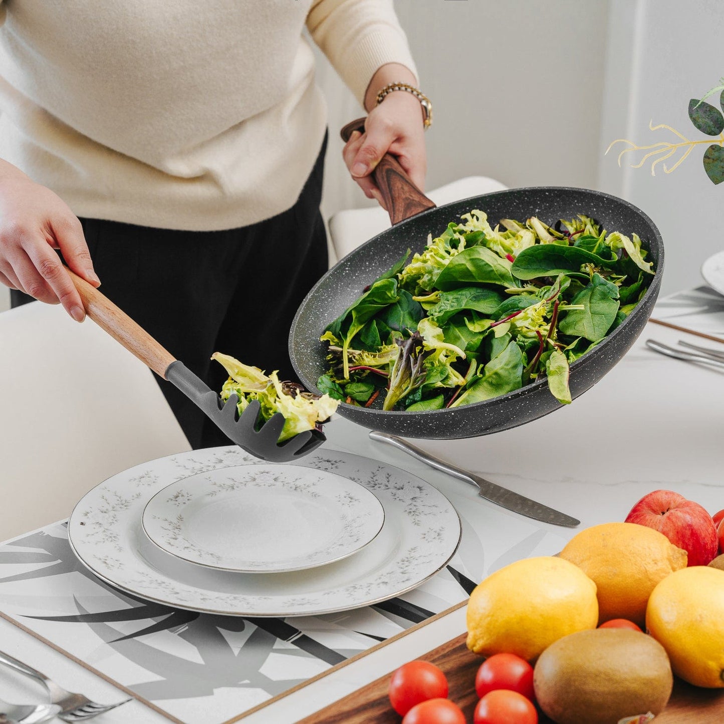 Clevinger cookware Beechwood & Silicone Kitchen Serving Utensils Set - Ladle/Pasta Server/Tongs/Slotted Spoon - Charcoal