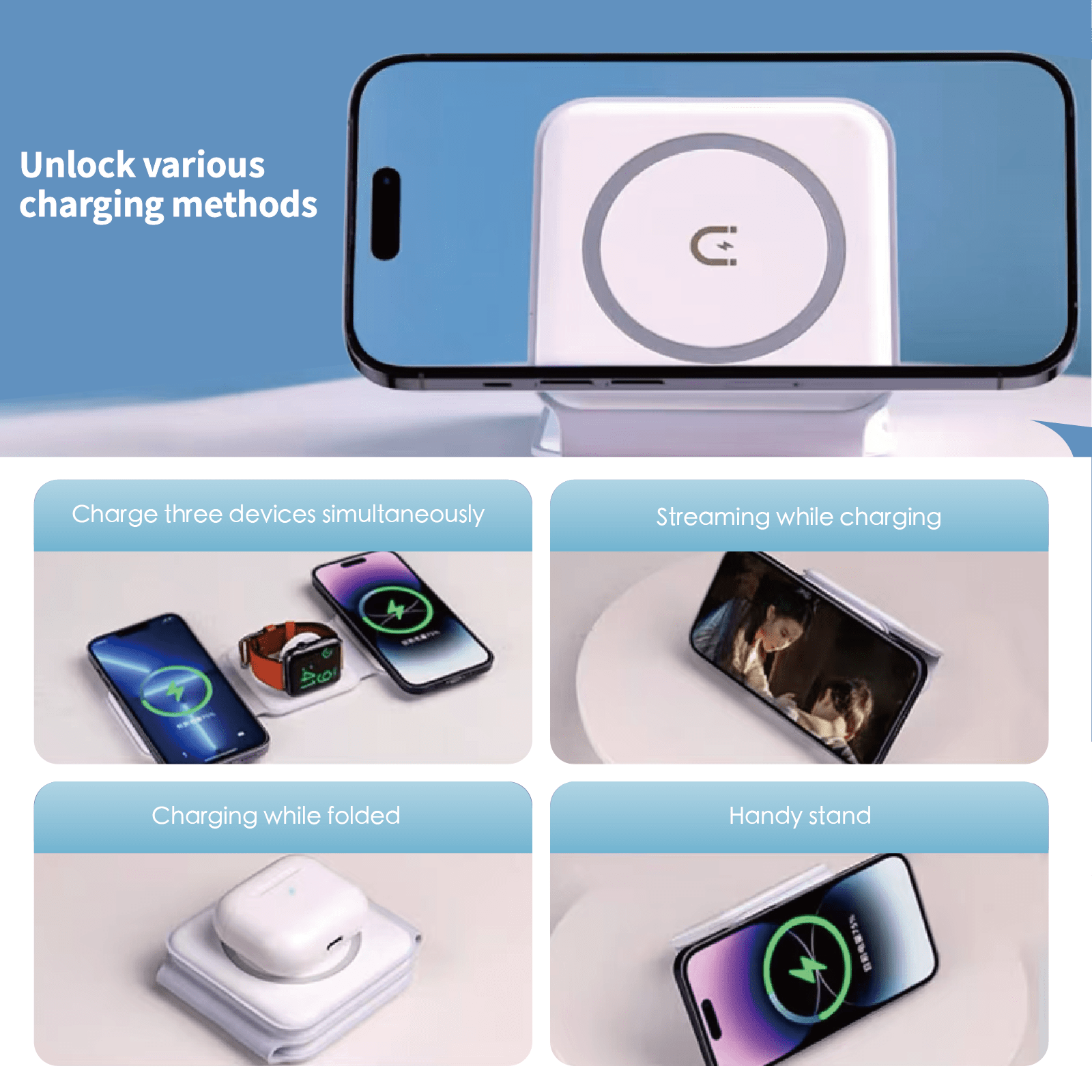 plugd USB charger 3 in 1 Wireless 15W Qi Fast Charging Foldable Station for Apple Mag Safe