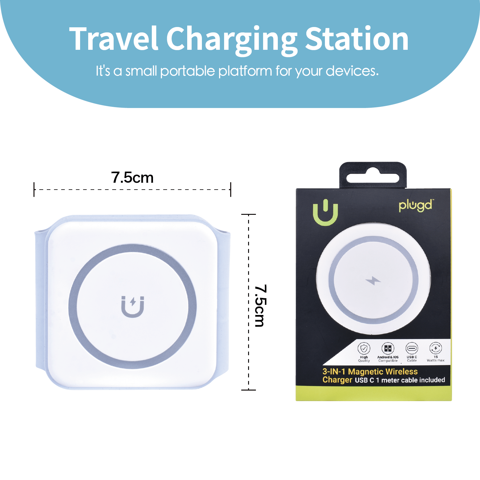 plugd USB charger 3 in 1 Wireless 15W Qi Fast Charging Foldable Station for Apple Mag Safe