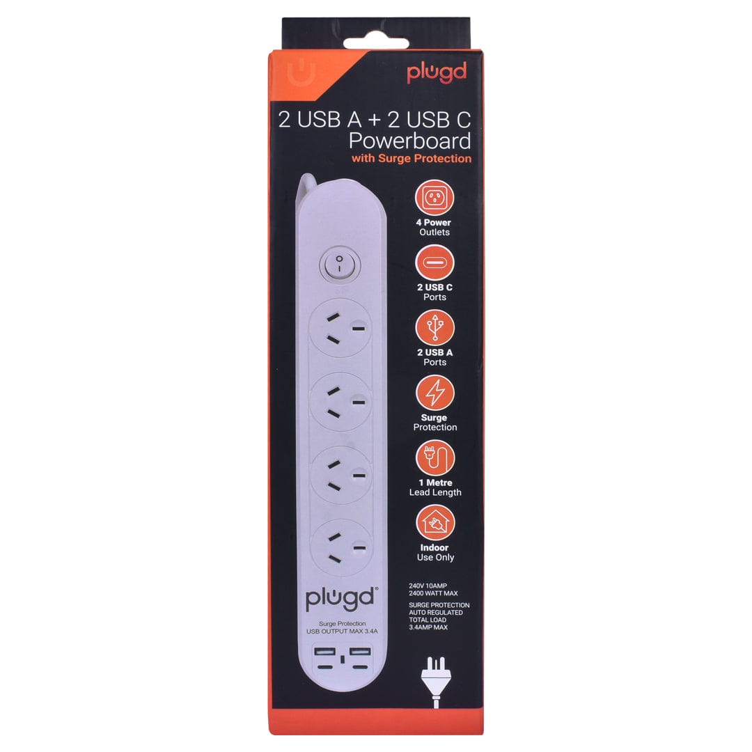 plugd powerboard Plugd 2 USB A + 2 USB C 240V 10A Powerboard with Surge Protection