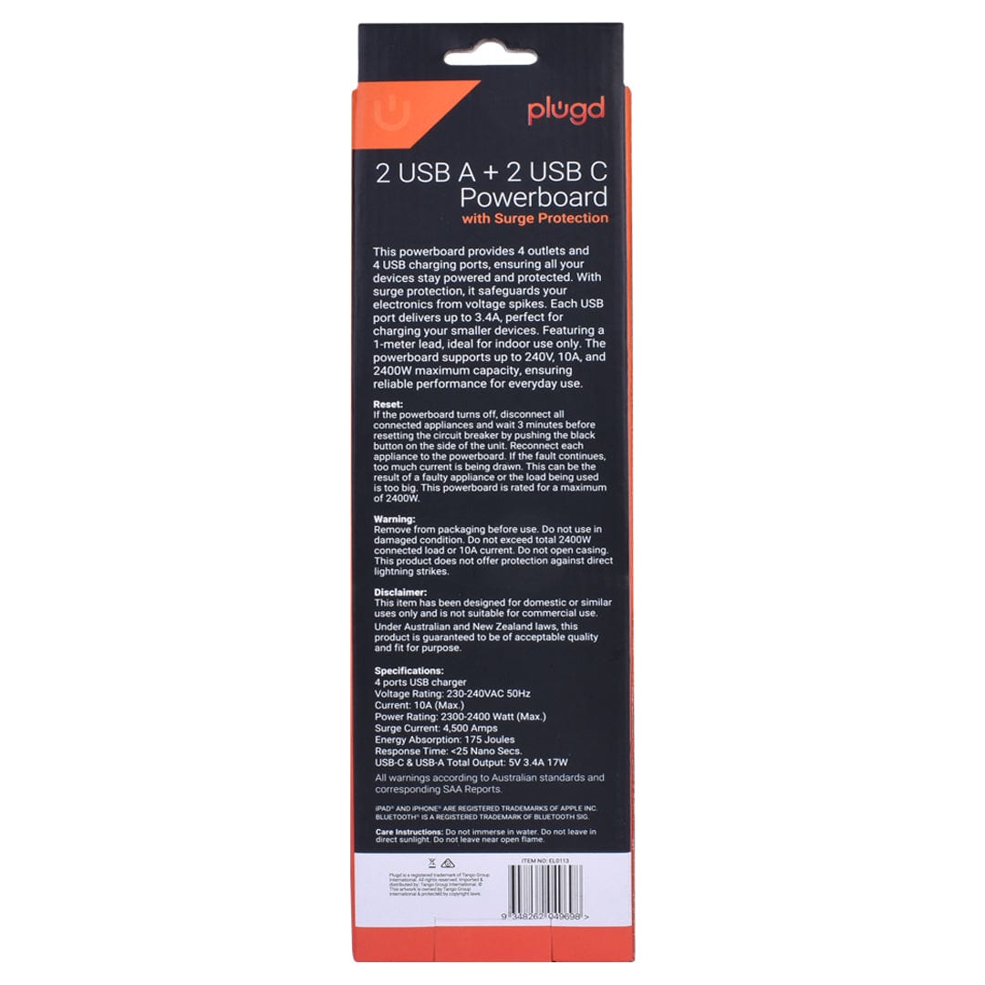 plugd powerboard Plugd 2 USB A + 2 USB C 240V 10A Powerboard with Surge Protection