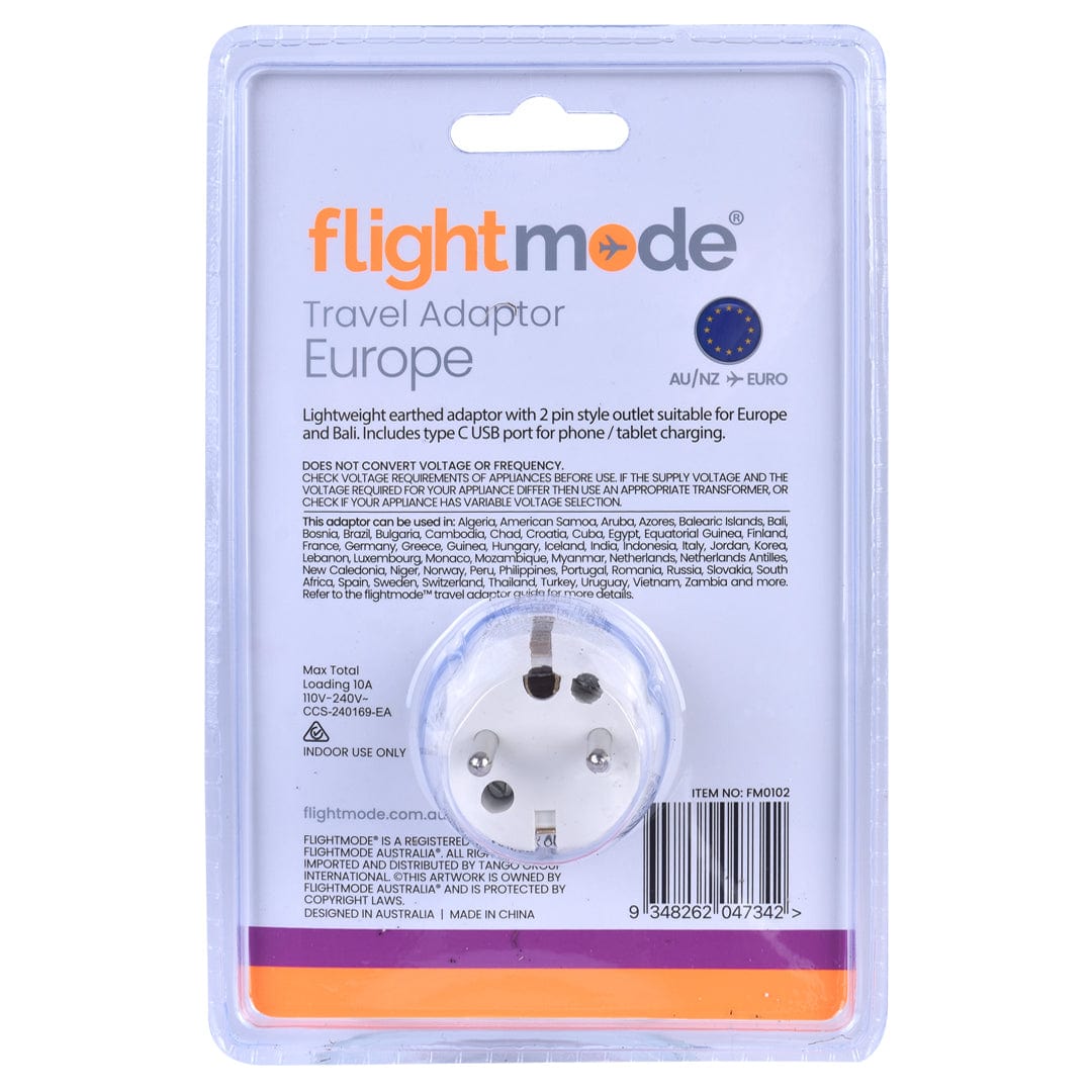 Flightmode travel adptor Flightmode Outbound AU/NZ to EUROPE/BALI Travel Adaptor with USB Type C & A