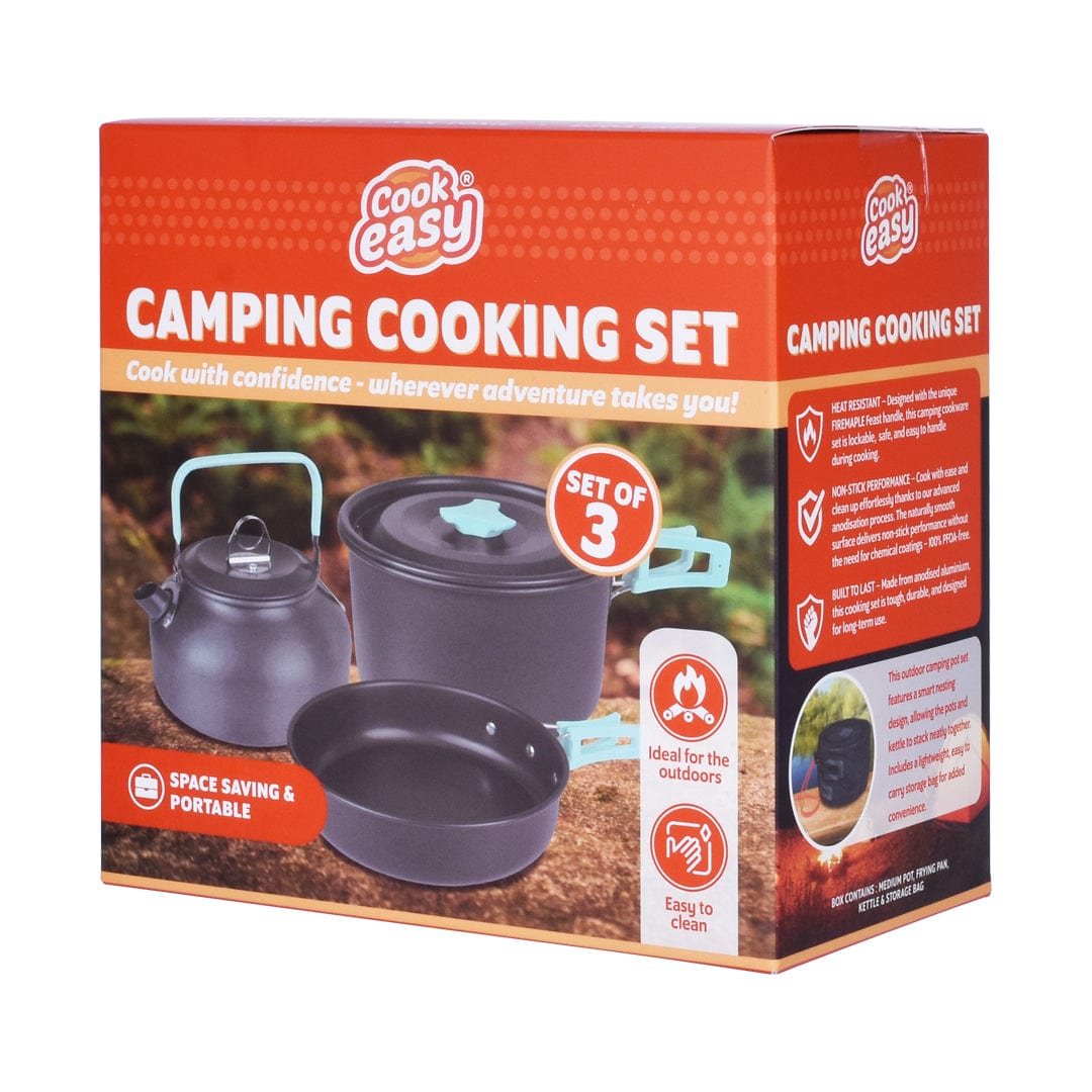 Cookeasy 3Pcs Camping Cooking Set – Lightweight Anodised Aluminium Outdoor Cookware Kit with Heat-Resistant Handles